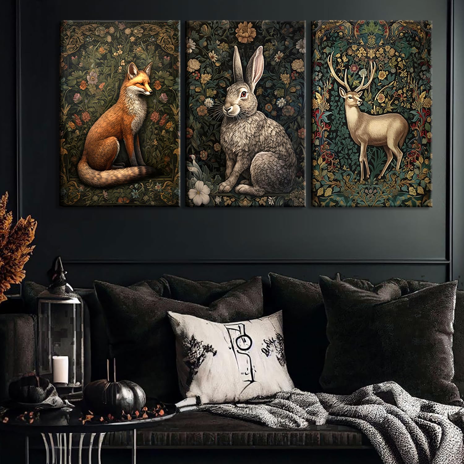 3Pcs Framed William Morris Animal Wall Art Fox Rabbit Sika Deer Canvas Posters Prints Forest Wild Animal Pictures Paintings Goth