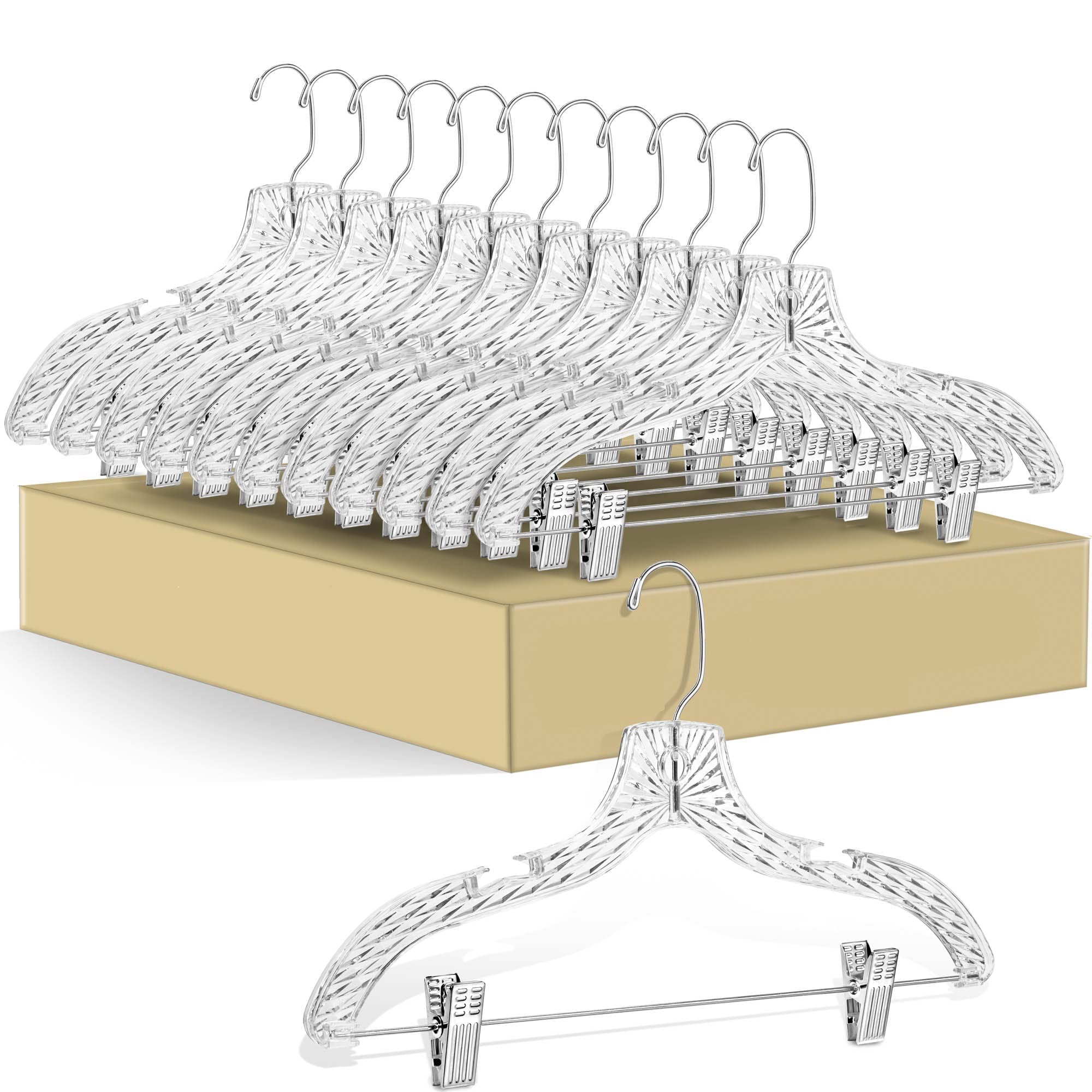 Quality Hangers 12 Pack Clear Plastic Skirt Hangers - Crystal Cut Pants Hangers - Durable Plastic Hanger Set - Dress Hangers Wit