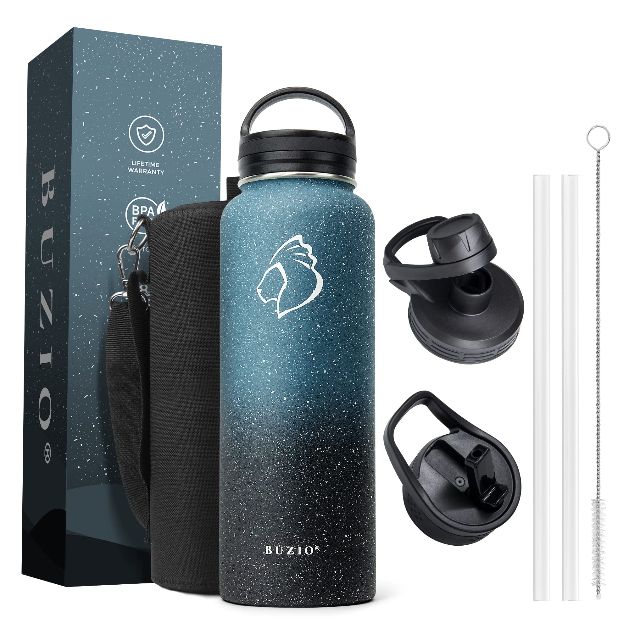 Buzio 40 Oz Water Bottle Insulated With Straw & 3 Lid And Carrying Pouch, Leak Proof Anti-Slip Stainless Steel Water Flask Jug,
