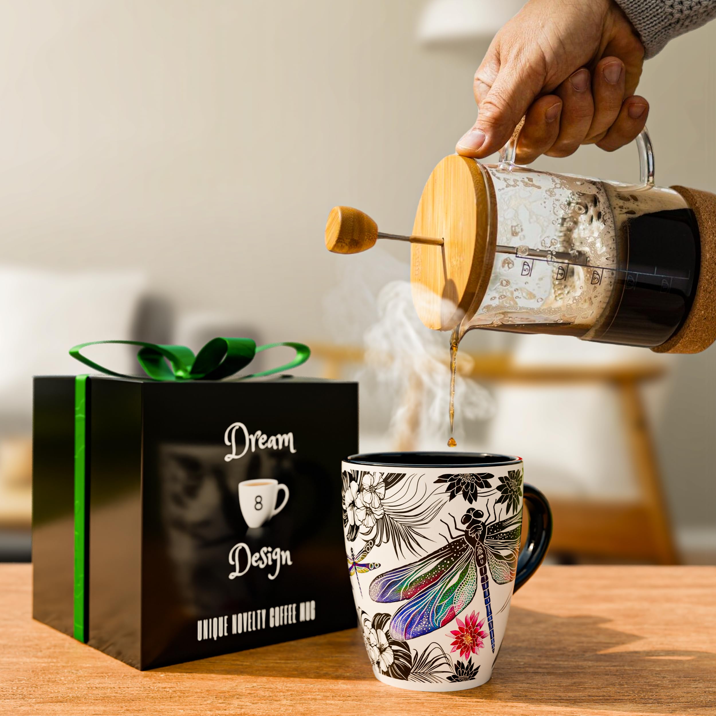 Color Changing Dragonfly Coffee Mug 12oz - Heat Sensitive Ceramic Cup with Floral Reveal - Dragonfly Gifts for Women, Unique Cof