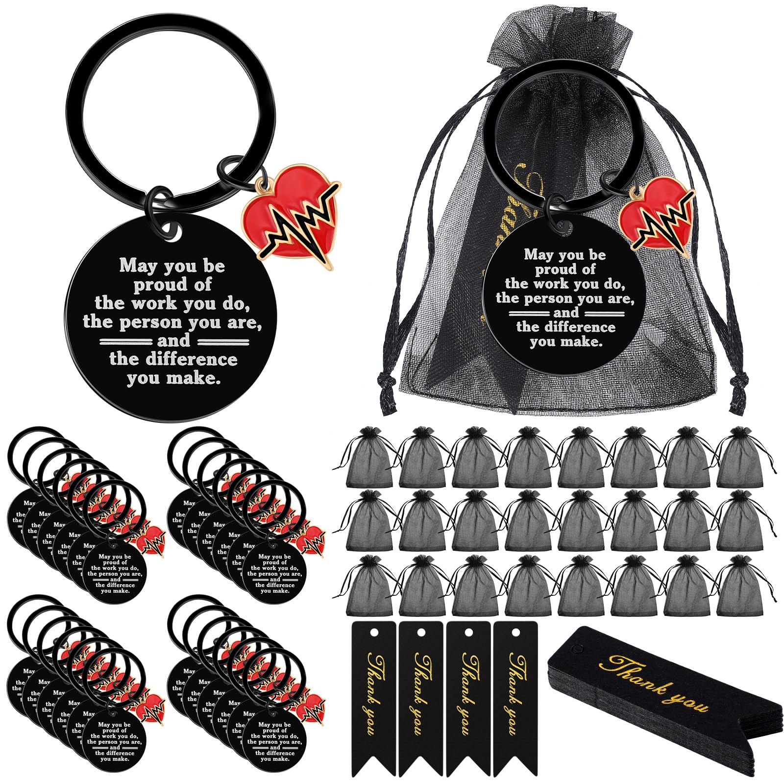Sureio 72 Pcs Nurse Gift Include 24 Nurse Keychain With 24 Tassel Organza Bag And 24 Tag Thank You Gifts For Party(Black,Classic
