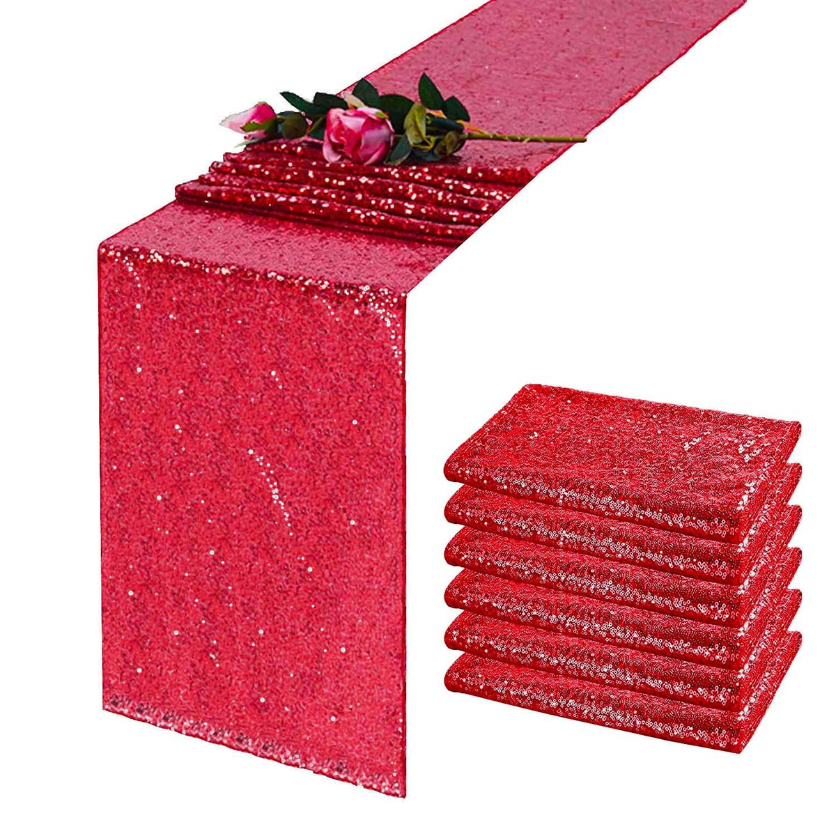 Tcbesto Red Sequin Table Runner 12'' X 108'' Pack Of 6 Red Metallic Sequins Table Runner Glitter Red Party Decorations Baby Show