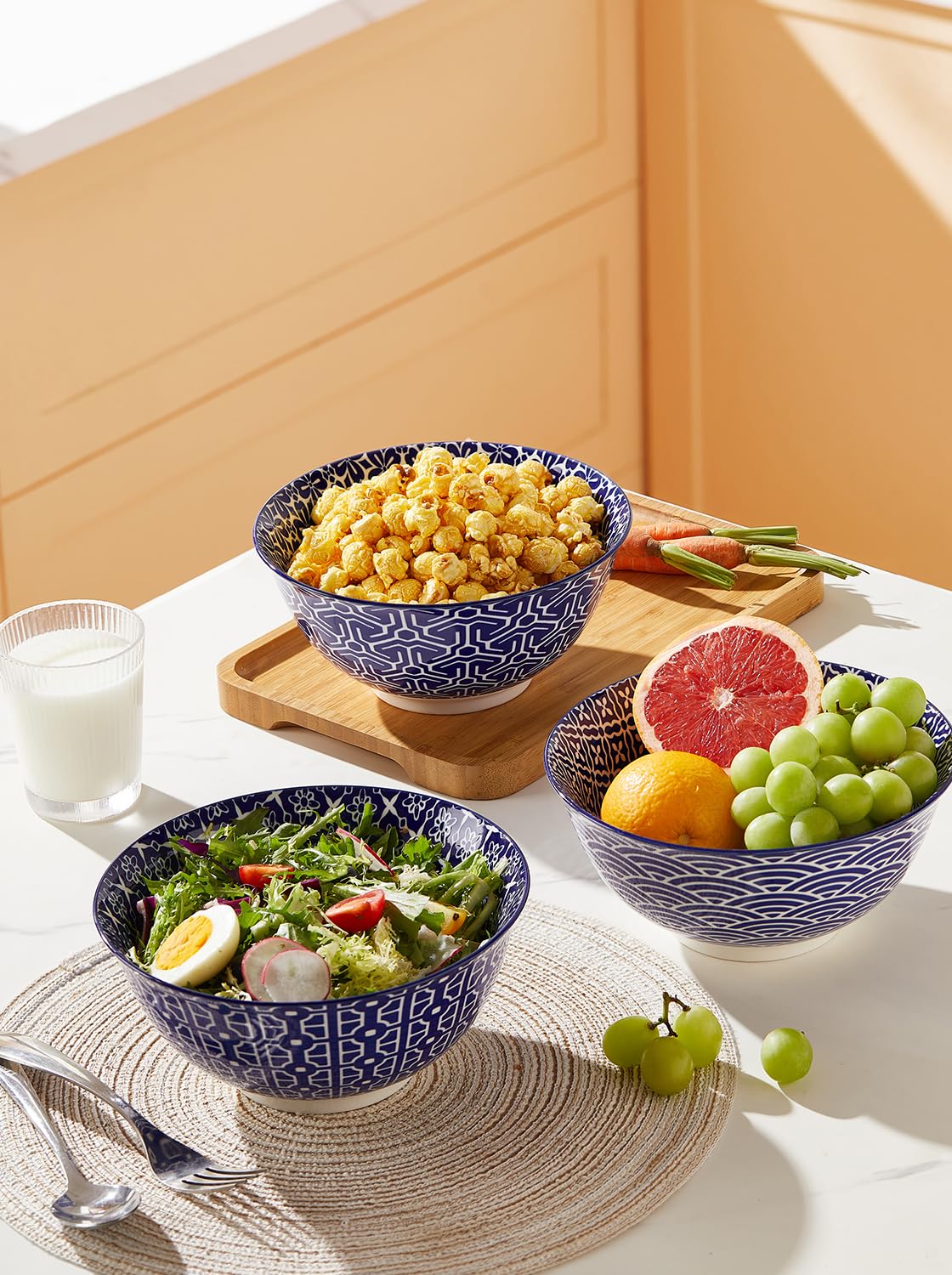 Metahom Salad Soup Bowls, Blue And White Serving Bowls For Pho, Pasta Rarmen, 48 Oz Large Ceramic Bowls For Kitchen, Set Of 3, M