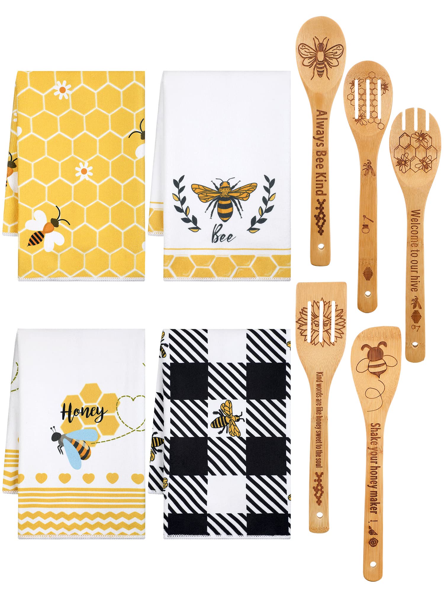 Bencailor 9 Pcs Bee Kitchen Decor Include 4 Hand Towels and 5 Wooden Spoons Gifts Honey Bees Farmhouse Kitchen Accessories Absor
