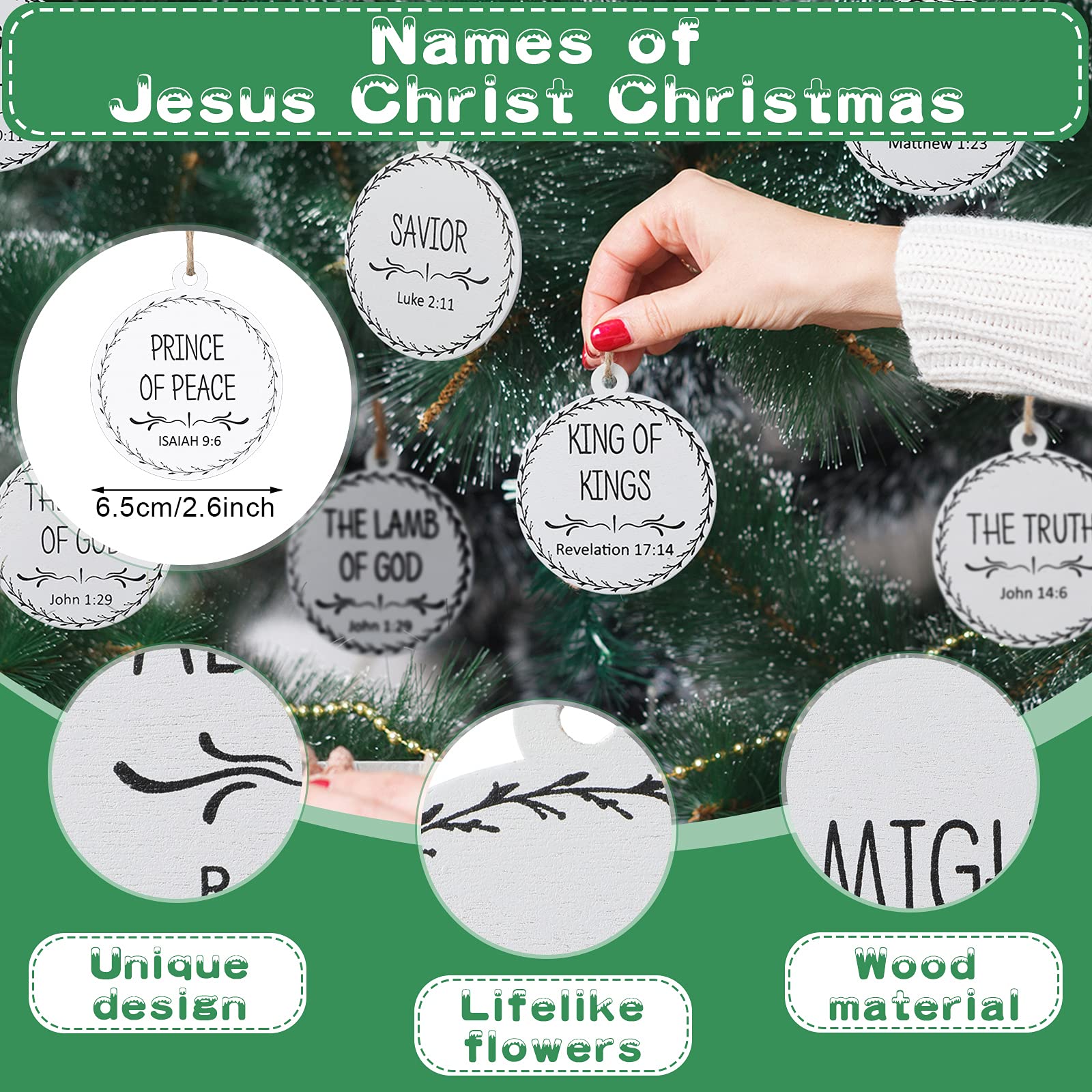 Jetec 24 Pieces Names of Jesus Christ Ornaments Christmas Ornament Nativity Set Nativity Round Wood Decoration Xmas Savior Name