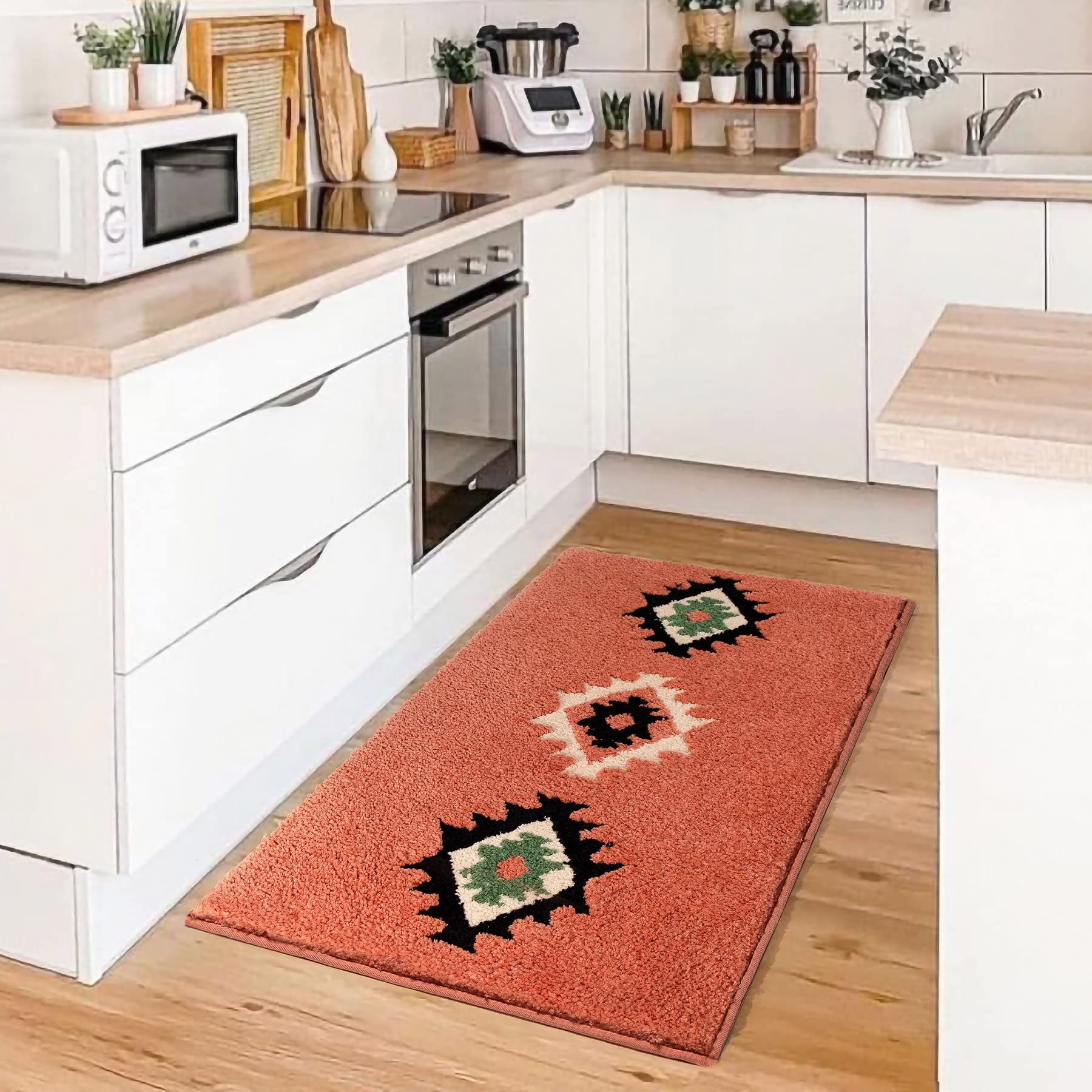 Dexde Boho Bathroom Rugs Coral Red Bath Mat Non Slip Moroccan Geometric Bath Rug Luxury Soft Absorbent Carpet For Bathroom Showe