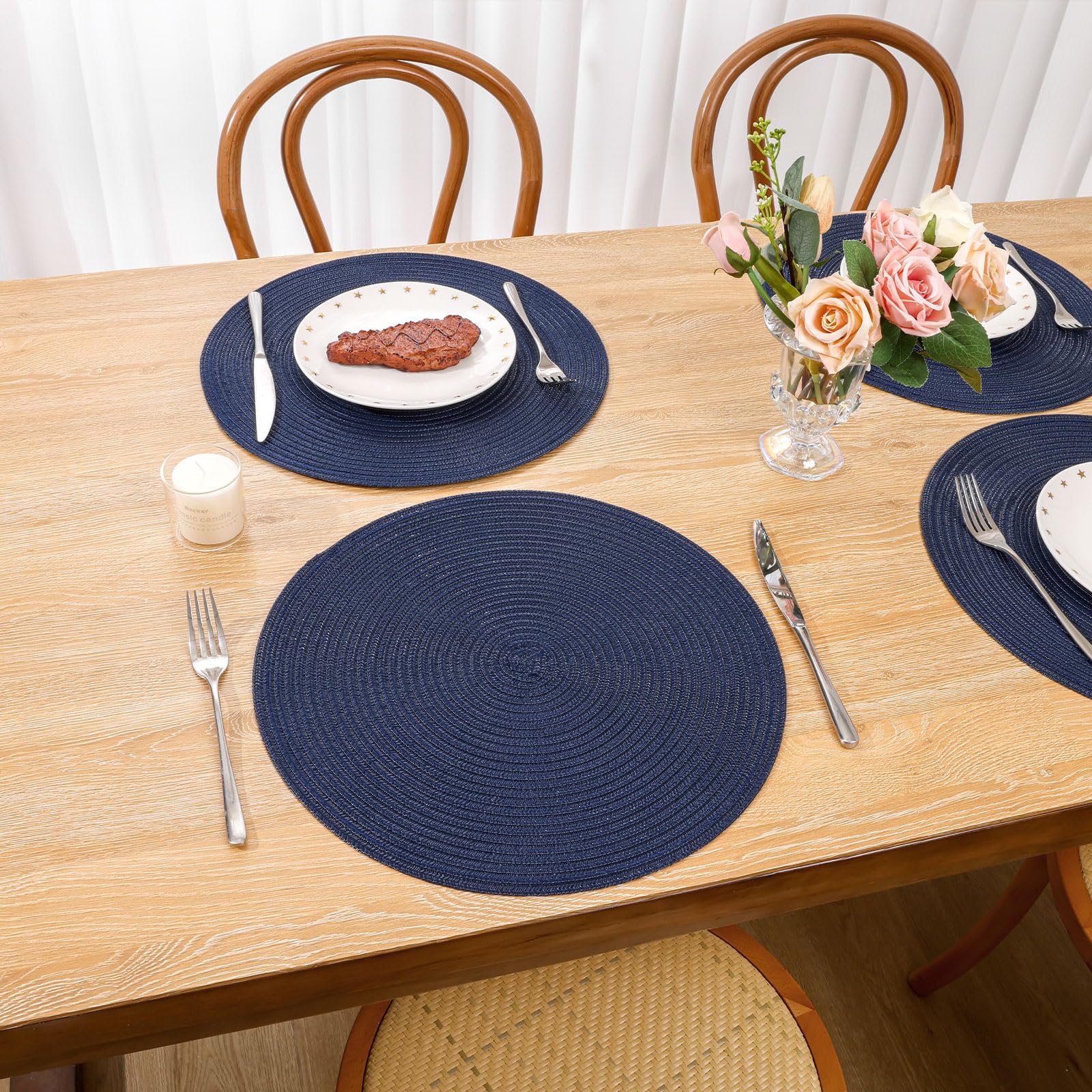 SHACOS Round Placemats Set of 6 Washable 15 inch Circle Cotton Polyester Woven Braided Place Mats for Dining Table Indoor Outdoo