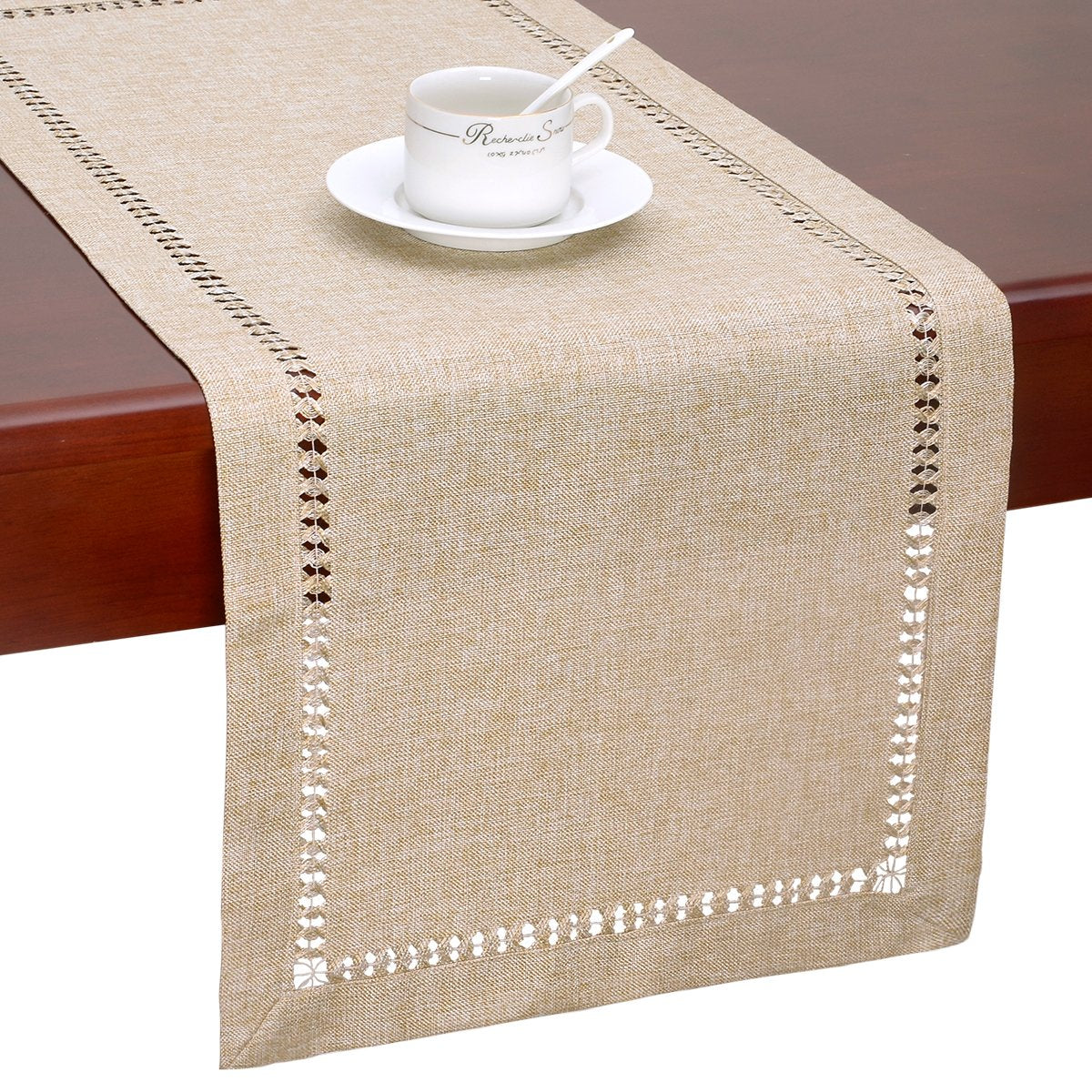Grelucgo Handmade Hemstitch Beige Table Runner, Rectangular 14 By 90 Inch