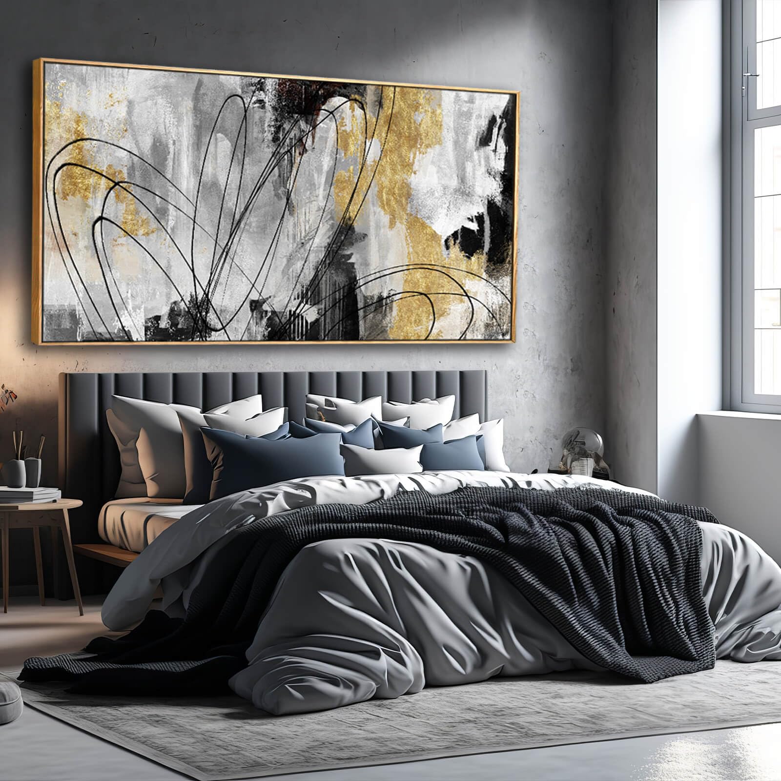 Large Canvas Wall Art Gold Abstract Paintings 29X58 Inch Wooden Framed Artwork Black Line Painting For Bedroom Bathroom Home Dec