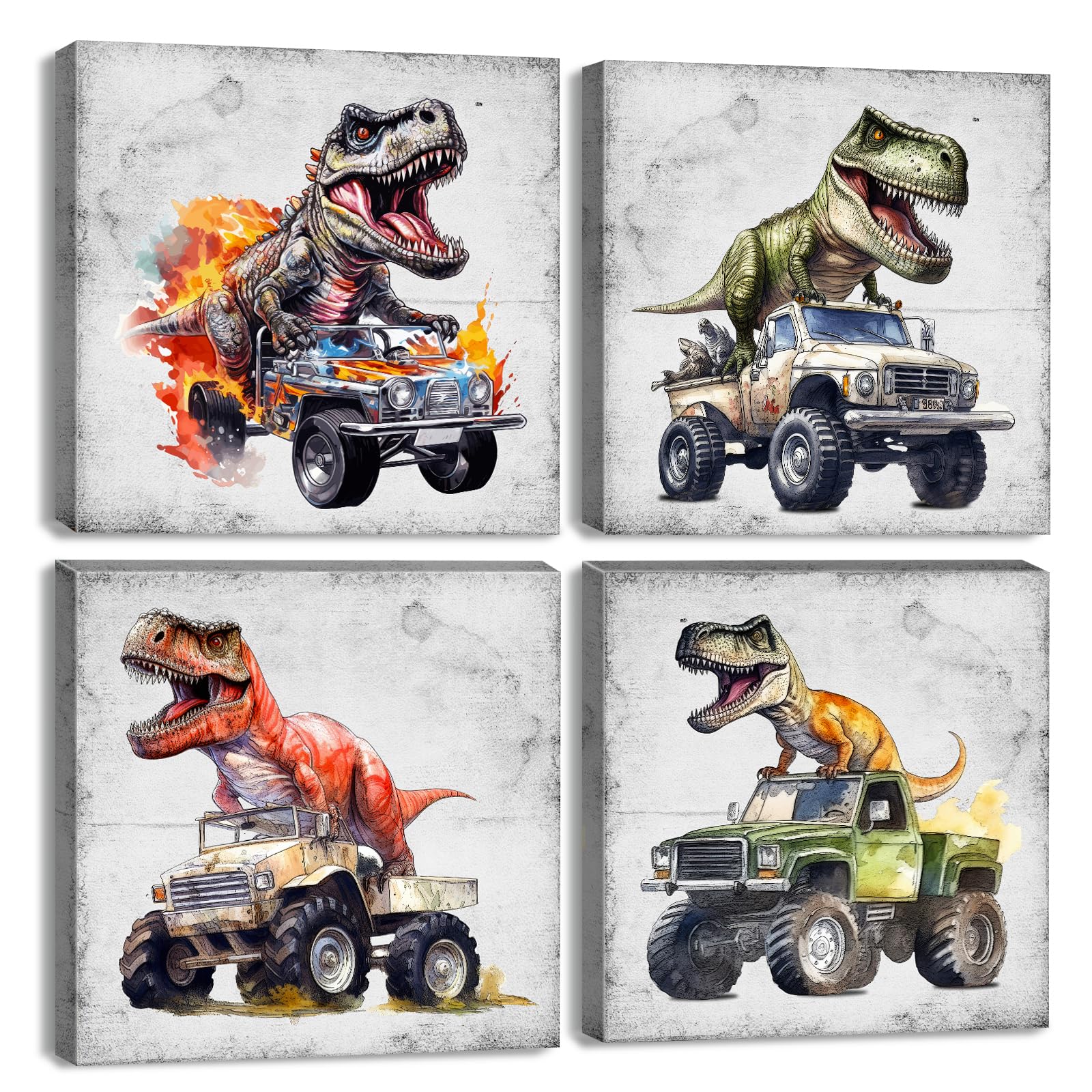 Dinosaur Wall Art Funny Dinosaur In Car Pictures Bathroom Bedroom Wall Decor Retro Dino Posters Neutral Nursery Kids Girls Playr