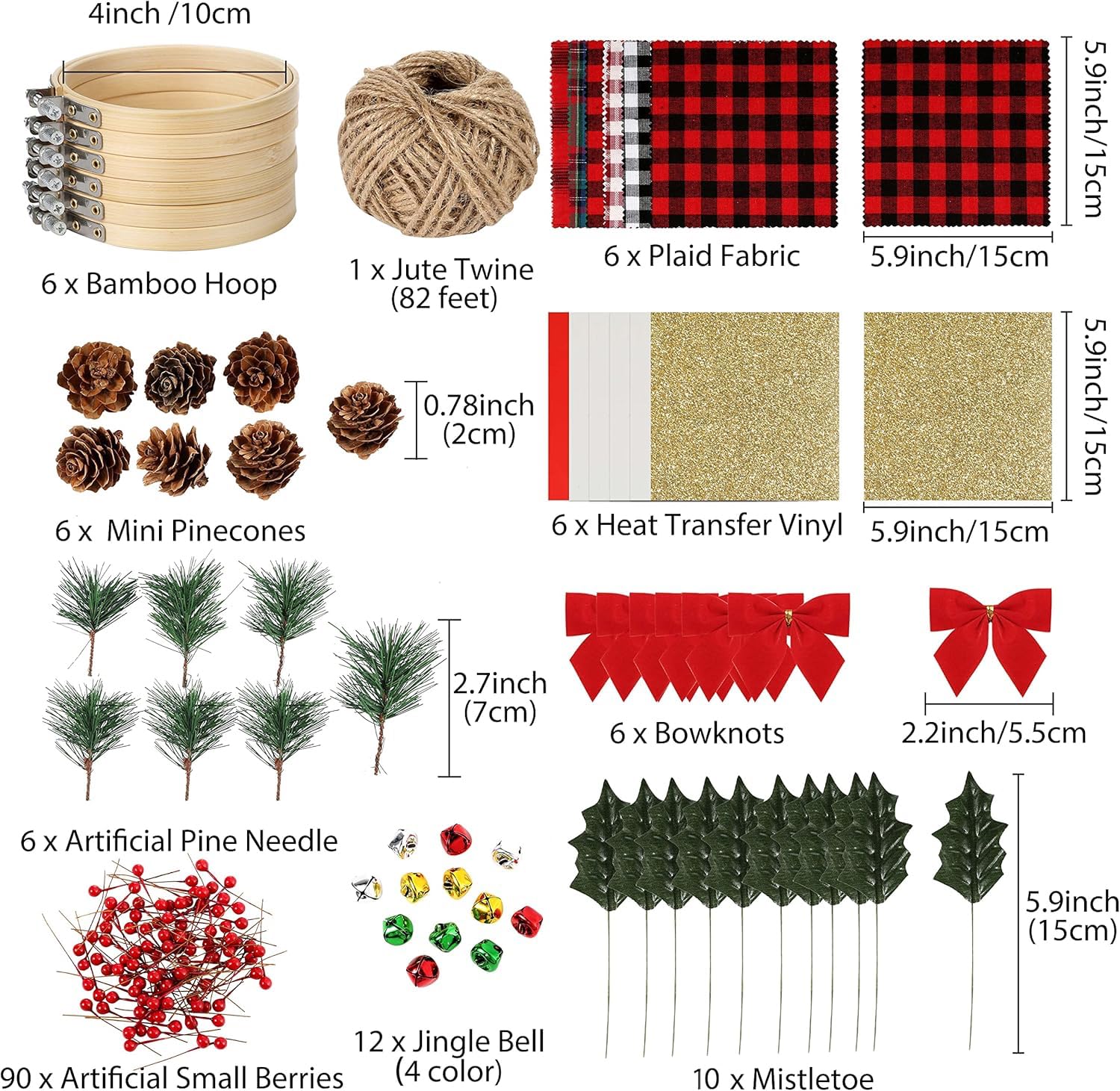 Pllieay 6 Pack of Christmas Ornament DIY Craft Kit Includes Christmas Plaid Fabric, Bamboo Hoop, Mini Pinecones, Artificial Pine