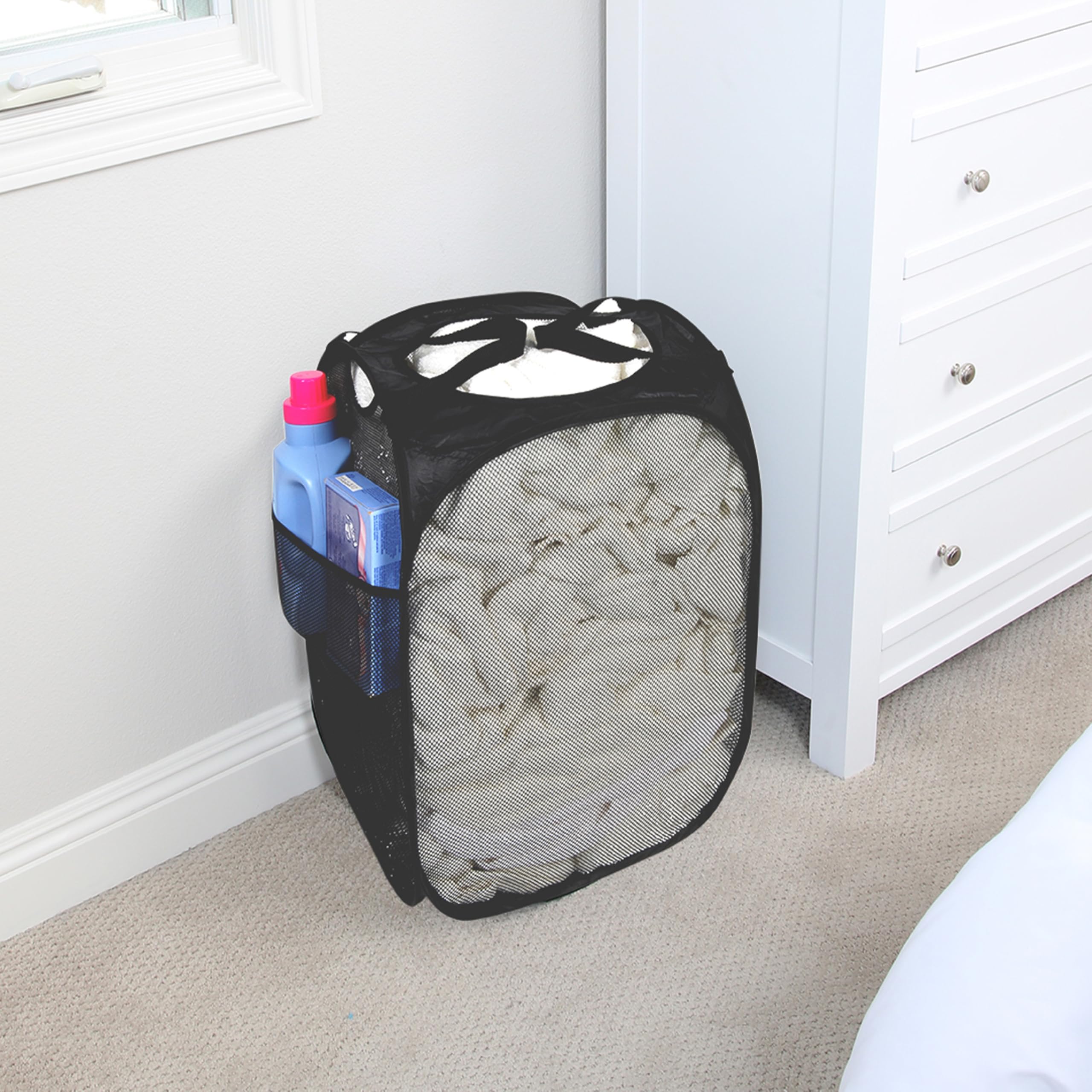 Smart Design Deluxe Mesh Pop Up Square Laundry Hamper w/ Side Pocket & Handles - VentilAir Fabric Collapsible Design - for Clothes & Laundry - Home - (Holds 2 Loads) (14 x 23 Inch) [Black]