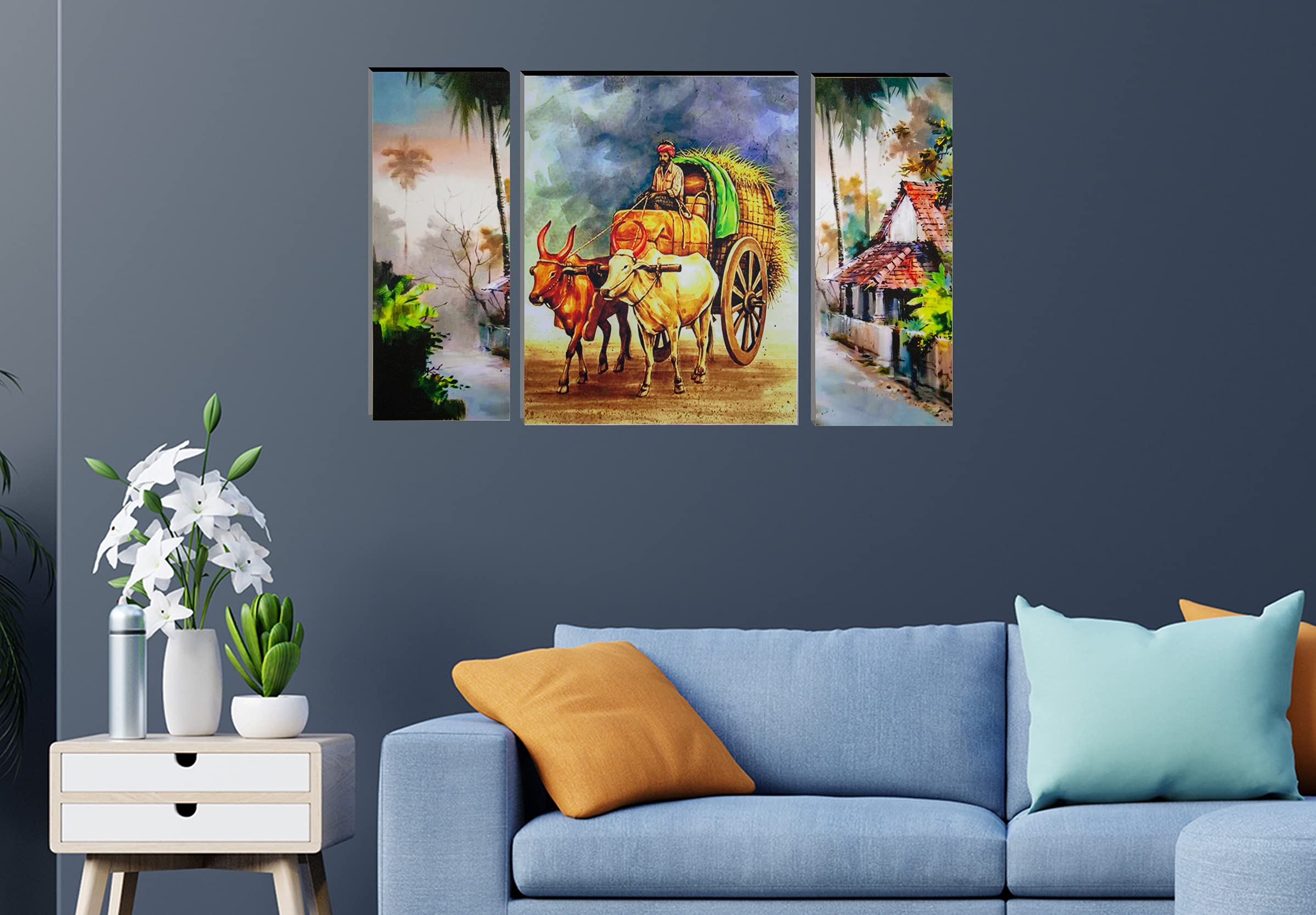 Indianara Set Of 3 Indian Village Mdf Art Painting (3581Fl) Without Glass 4.5 X 12, 9 X 12, 4.5 X 12 Inch