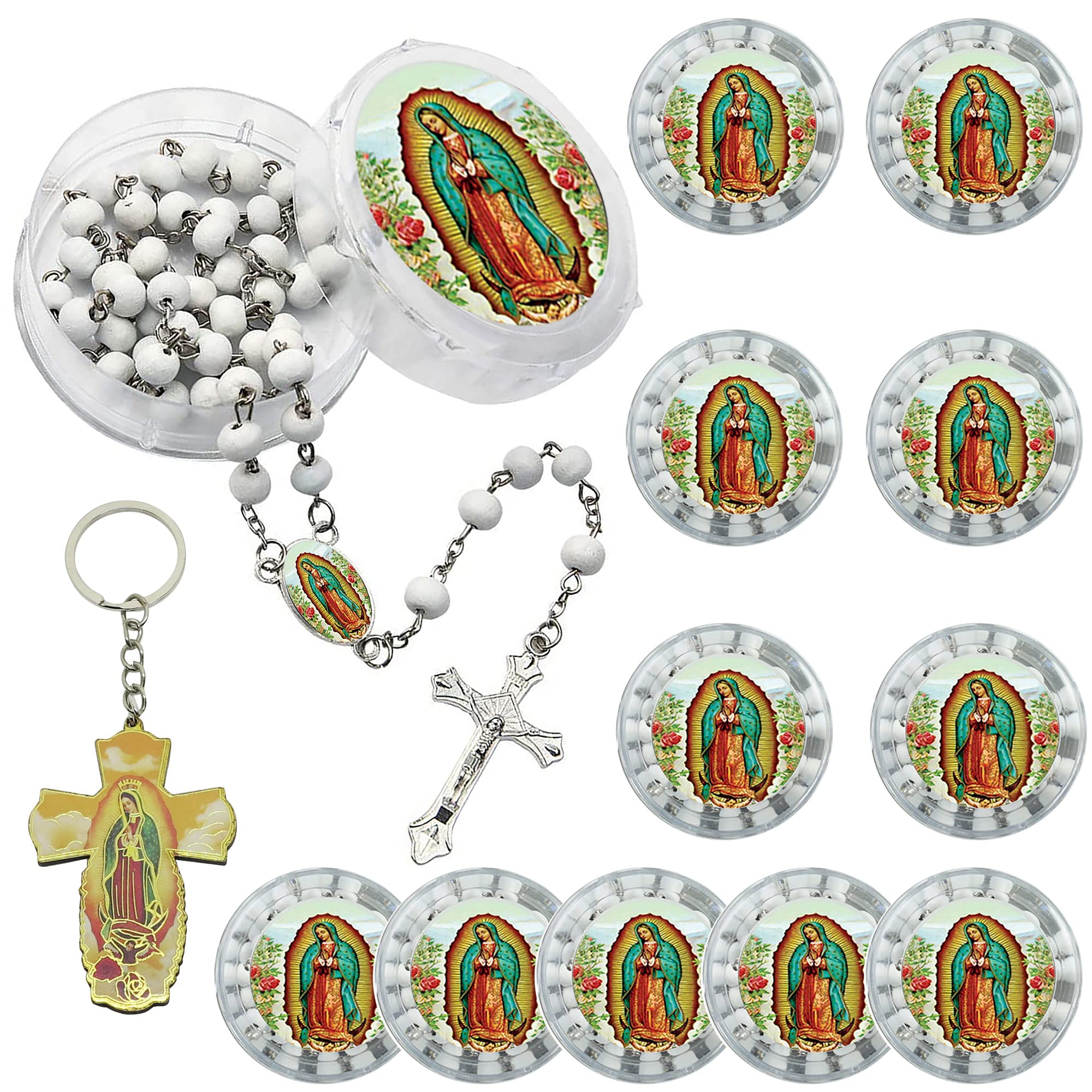 12 PCS Our Lady of Guadalupe White Bead Scented Rosaries for Baptism, First Communion Regligious Event Clear gift Box