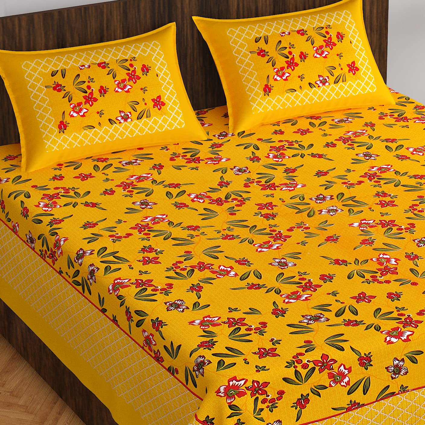 EarlyMart Cotton Rajasthani Jaipuri Traditional Floral King Size Double Bedsheet with 2 Pillow Covers (Yellow2)