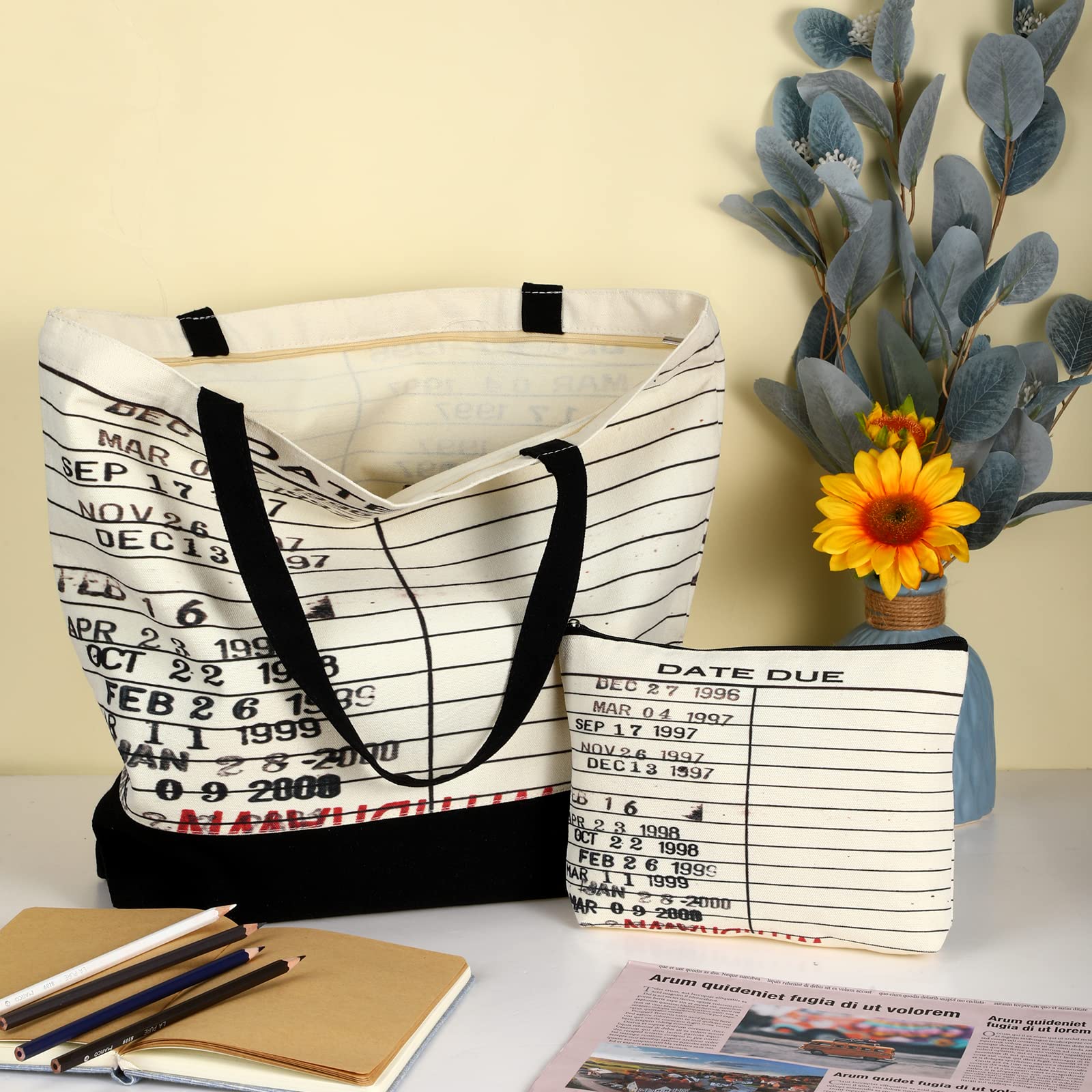 Sieral 2 Pcs Library Due Date Tote Bag For Library Lovers' Day Librarian Gifts Library Book Bag Book Tote Bag Canvas Toiletry Ba