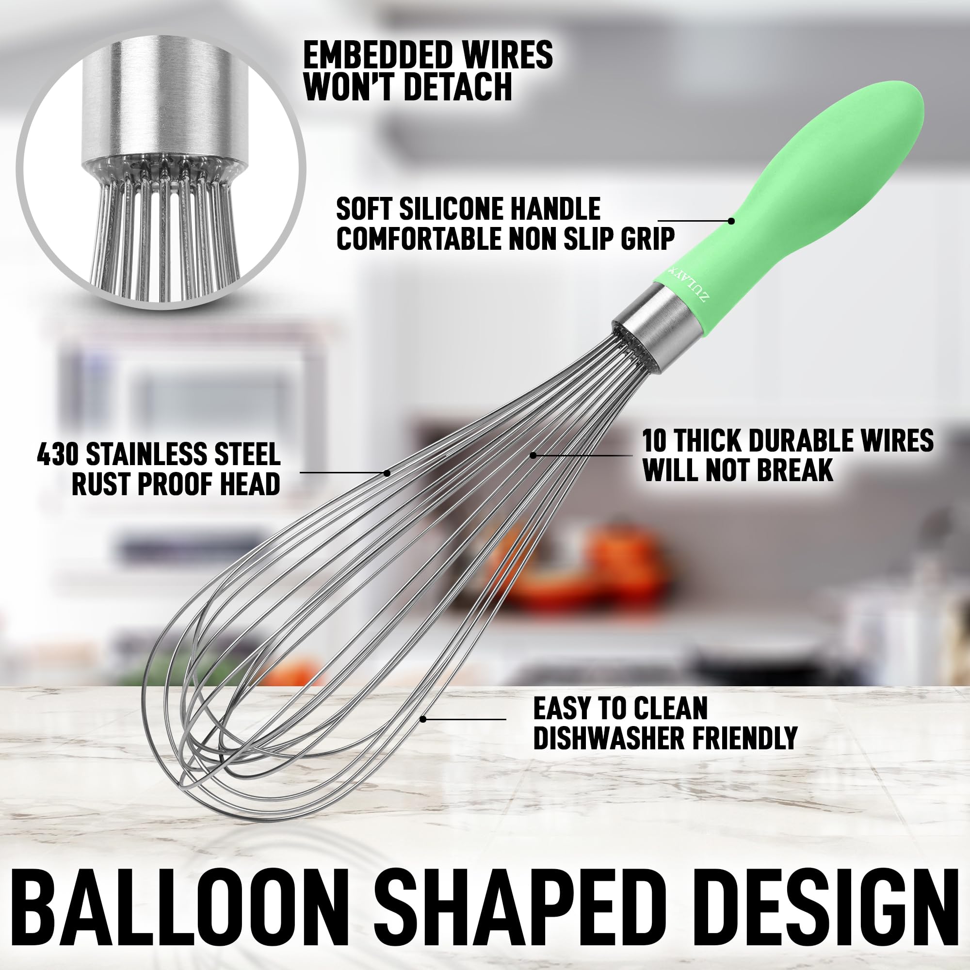 Zulay 12-Inch Stainless Steel Whisk - Balloon Whisk Kitchen Tool With Soft Silicone Handle - Thick Durable Wired Whisk Utensil F