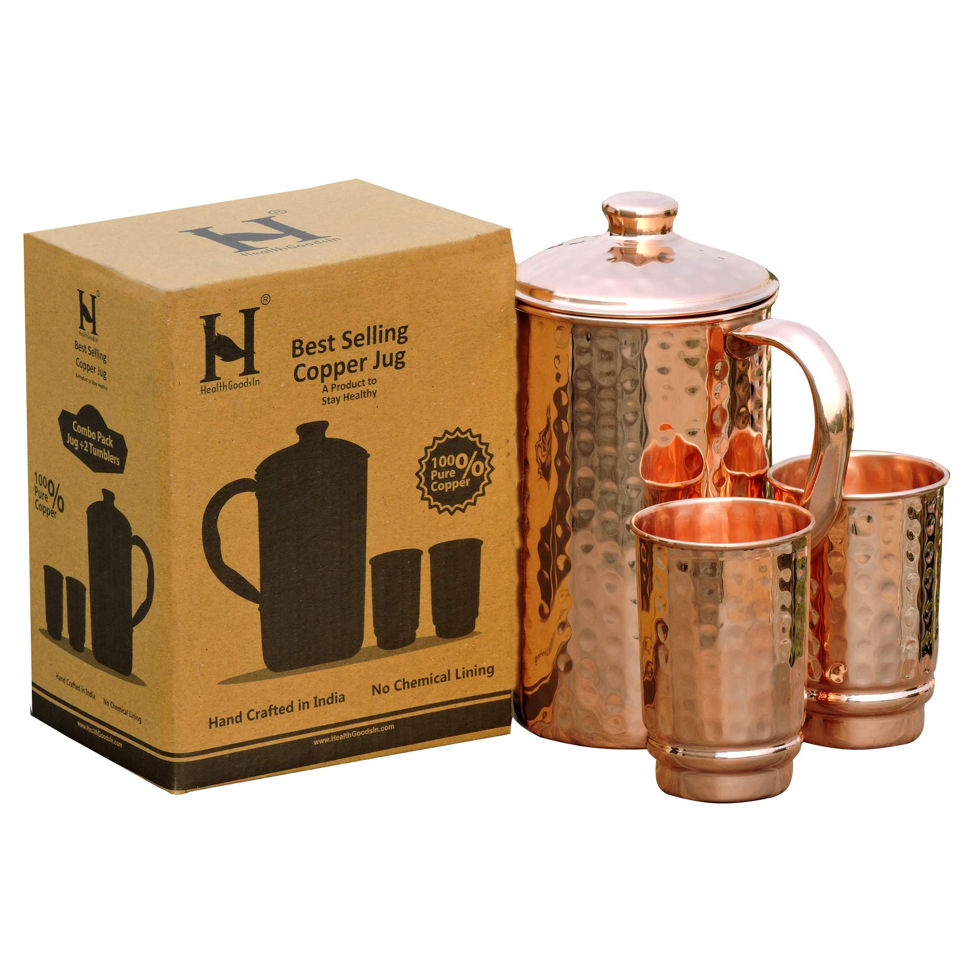Healthgoodsin - Pure Copper Hammered Water Jug With 2 Hammered Copper Tumblers | Copper Pitcher And Tumblers For Ayurveda Health