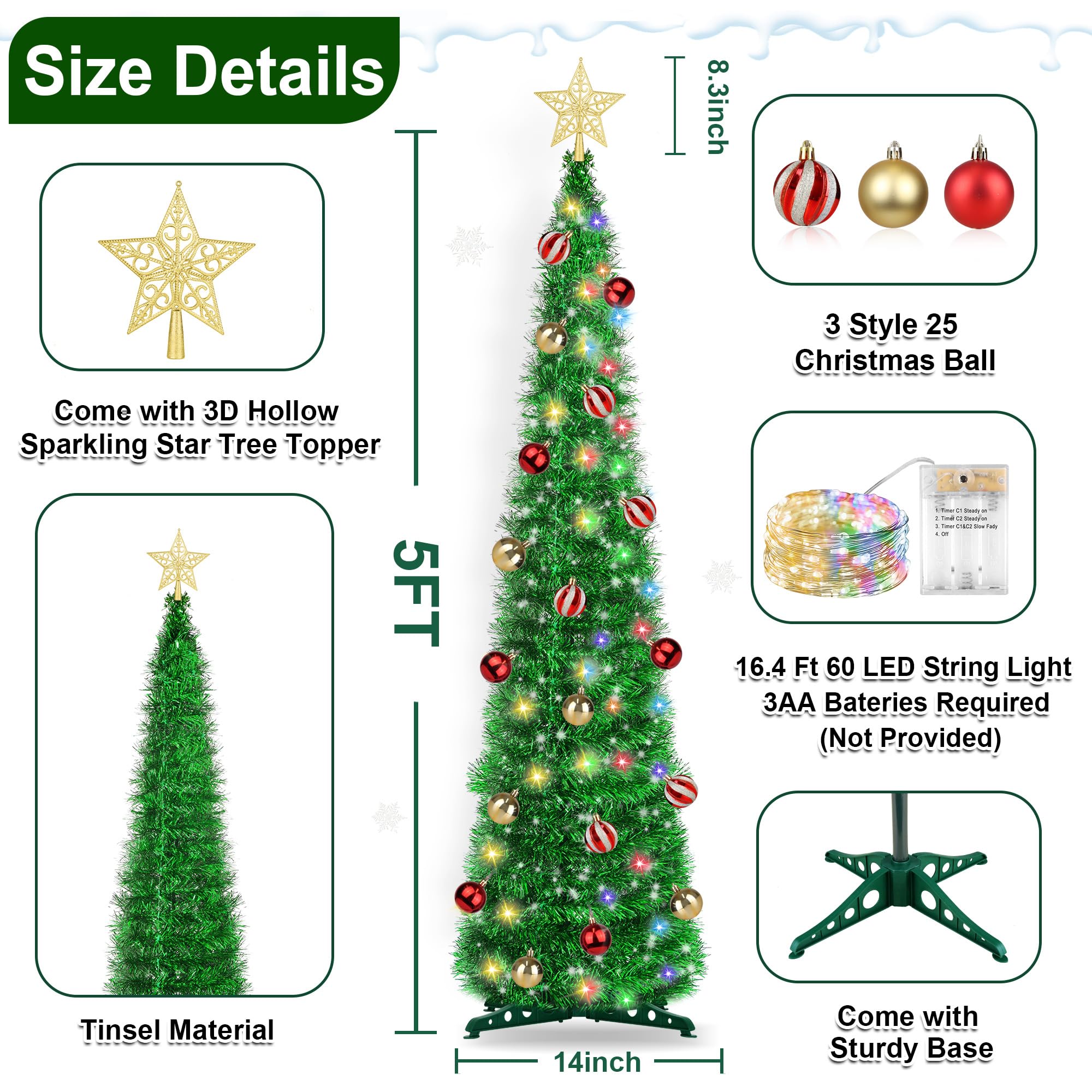 5FT Pop Up Christmas Tree with Timer 60 Warm White & Multi Color Fairy Light 3D Star 25 Ball Ornament, Green Tinsel Christmas Tr