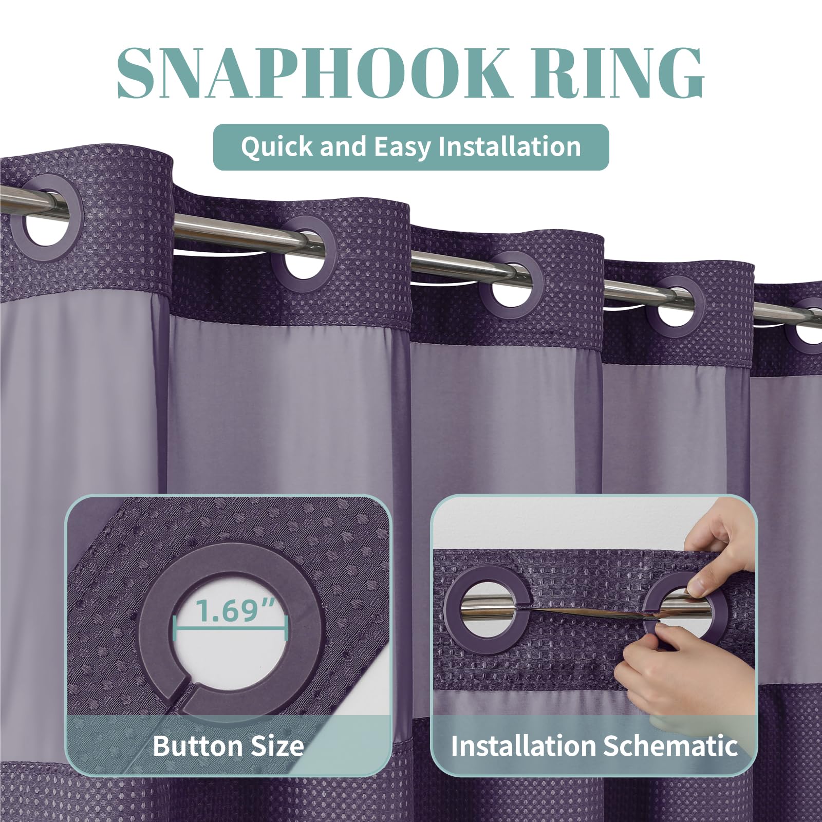 Eachope Purple No Hook Waffle Weave Shower Curtain With Snap-In Liner Replacement, 230Gsm Waterproof Fabric Hotel Shower Curtain