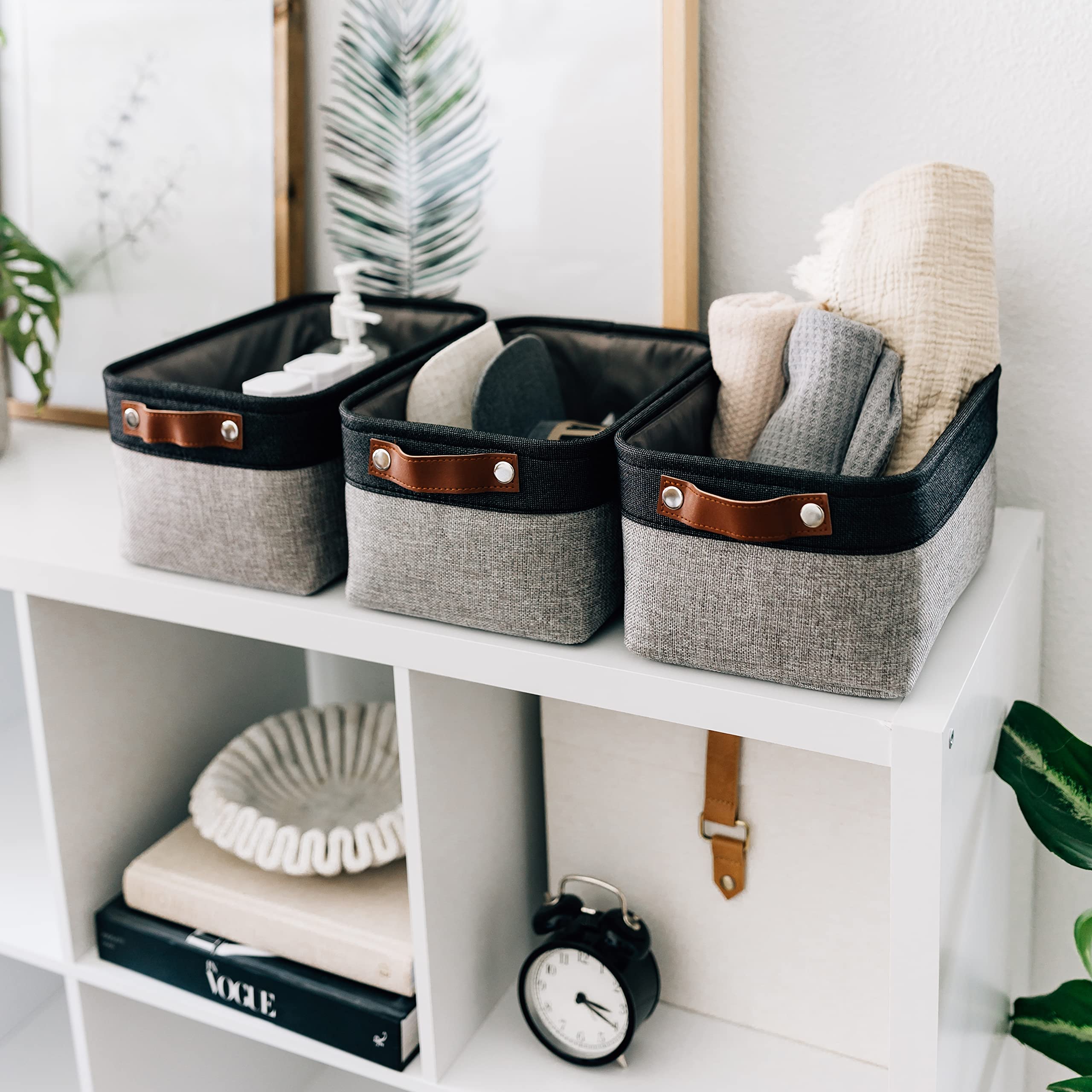 OrganiHaus Medium Fabric Storage Baskets for Shelves 3 Pack | 12x8in Closet Storage Bins for Shelves | Cloth Baskets for Organizing | Linen Closet Organizers | Fabric Basket - Gray/Black