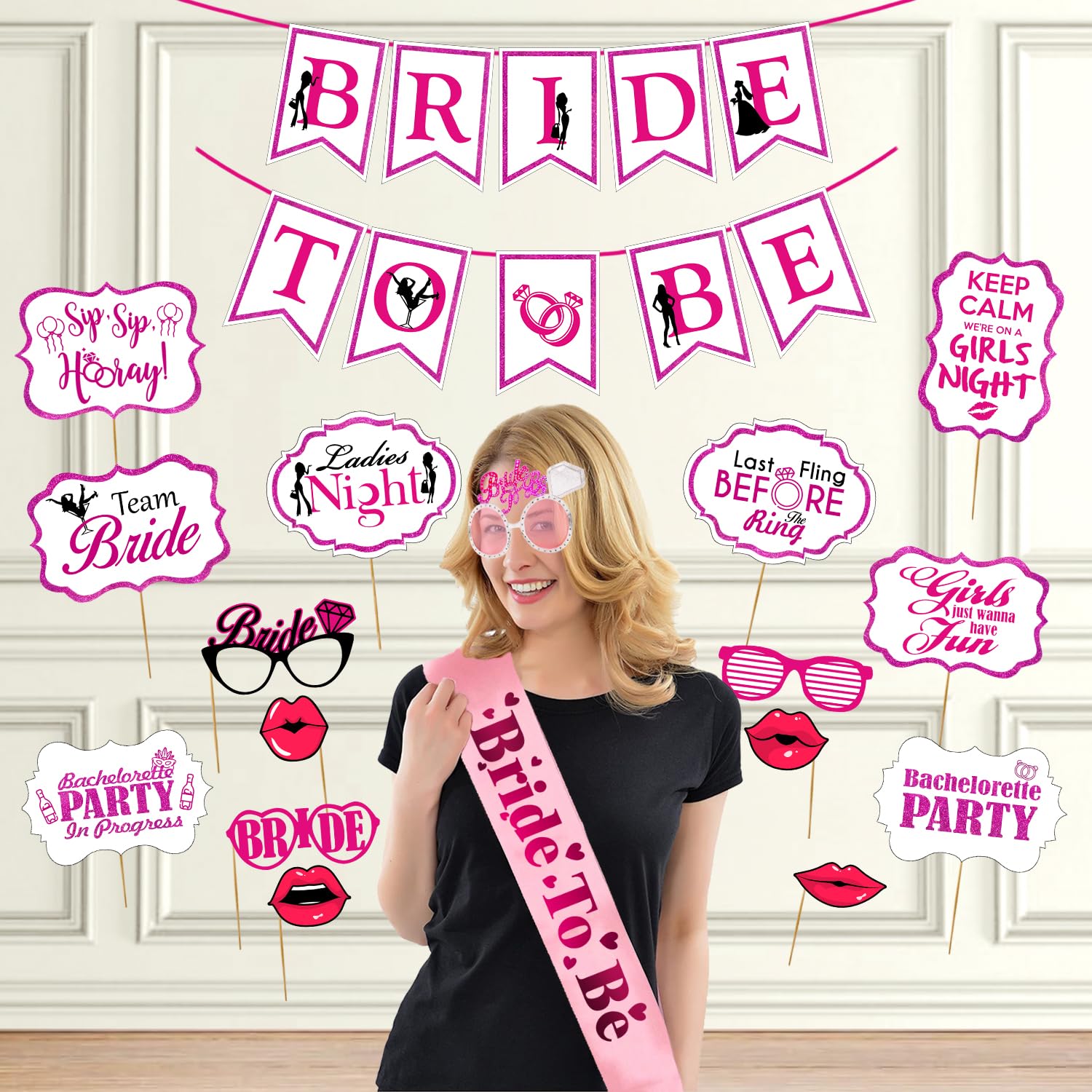 Zyozique Bachelorette Party Kit  Bride to be Sash, Paper Banner, Photo Booth Props & Eye Glass, Bride to be Gift | Engagement P