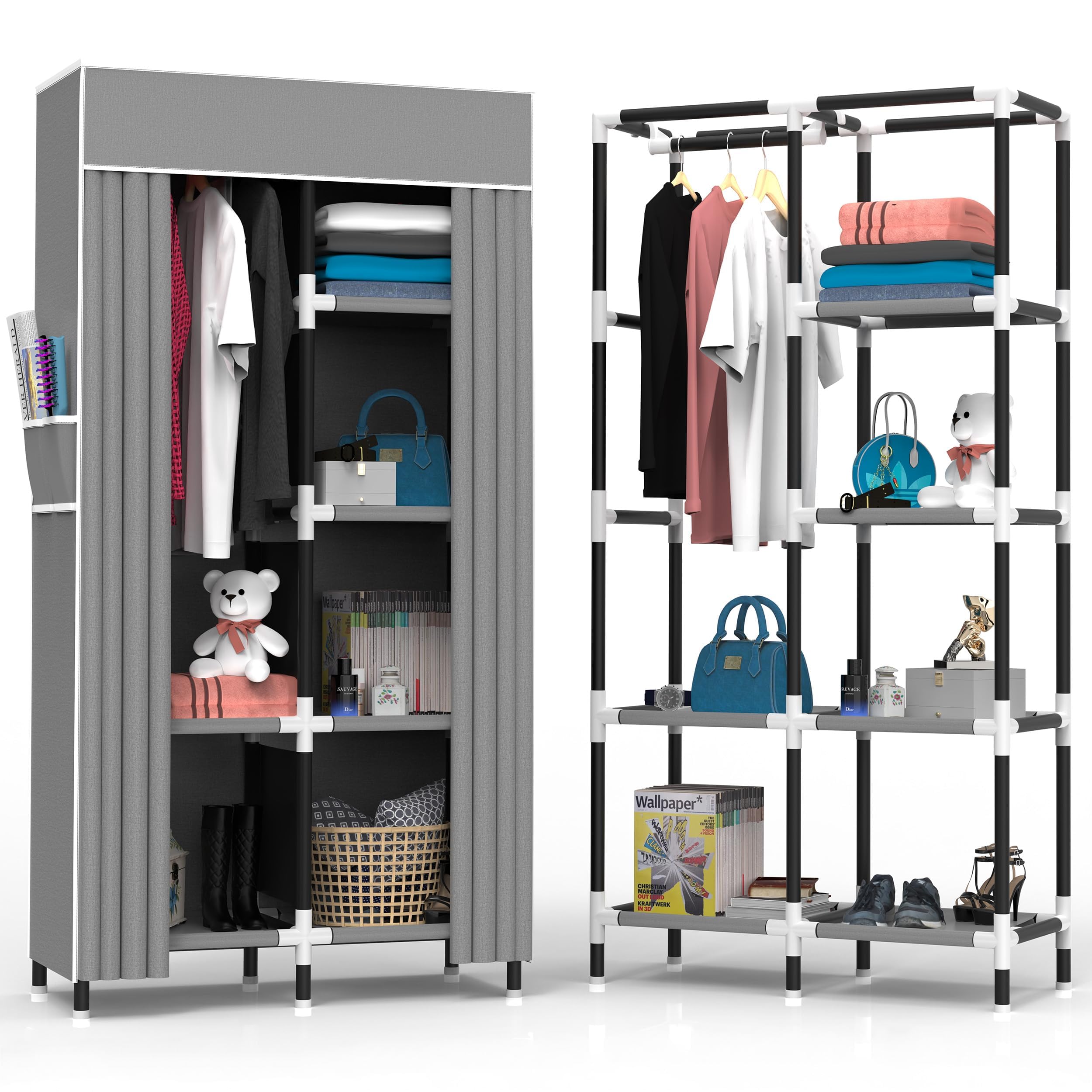Tidyfy Portable Closet Wardrobe With 6 Storage Shelves And 1 Hanging Rack | Small Closet Clothes Organizer Portable Wardrobe Clo