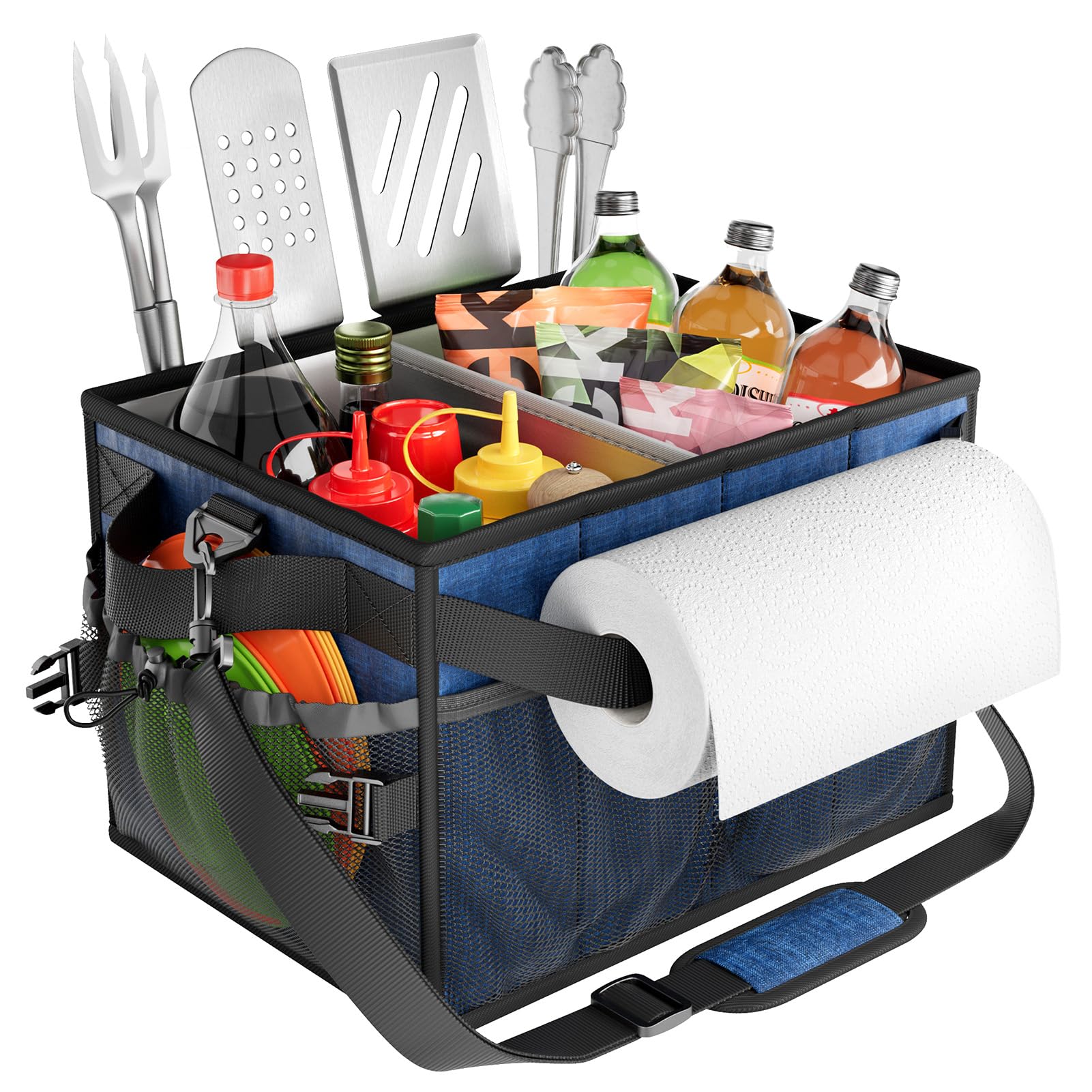 FANGSUN Large Grill and Picnic Caddy with Paper Towel Holder, BBQ Organizer for Utensil, Plate, Condiment, Collapsible & Easy Ca