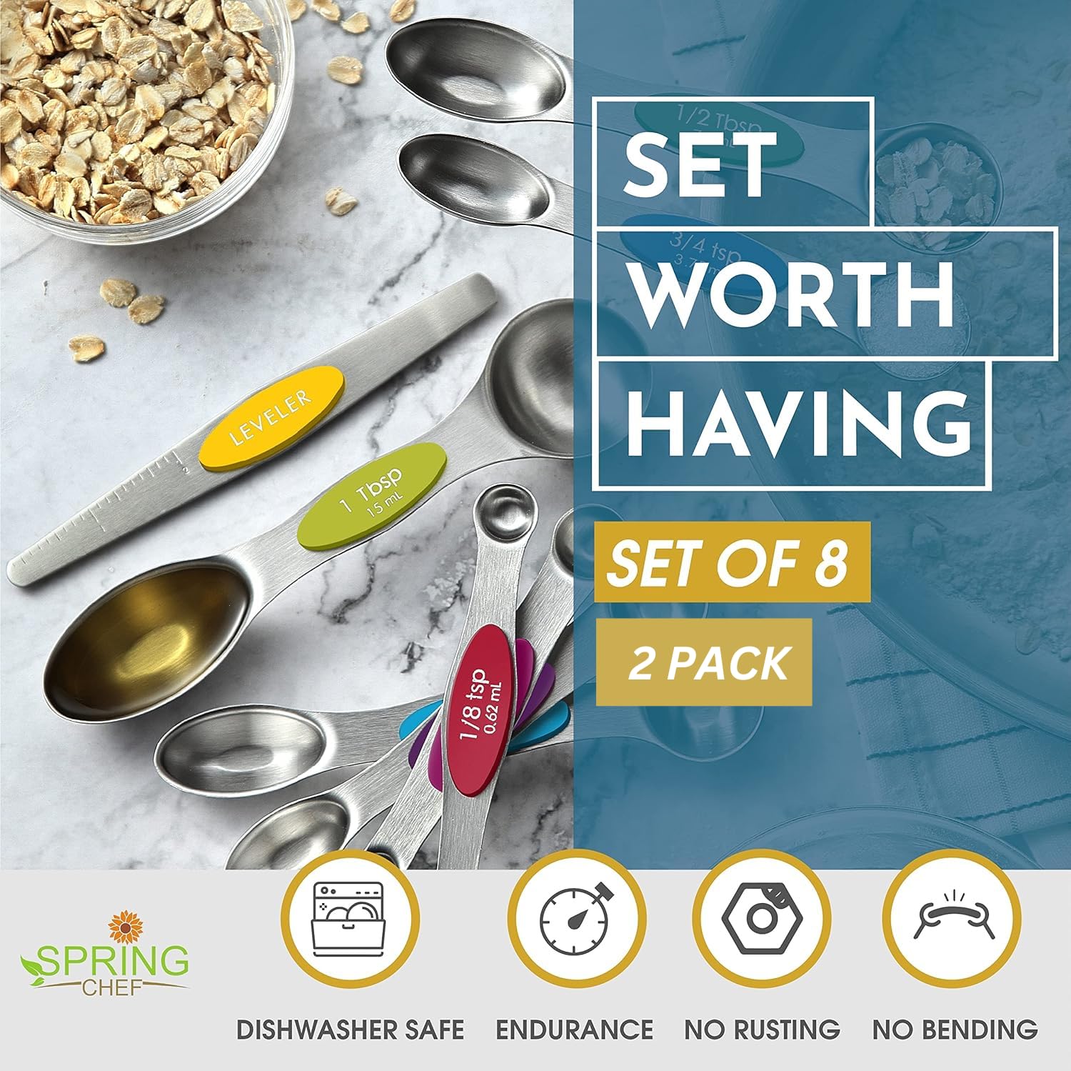 Spring Chef Magnetic Measuring Spoons Set, Dual Sided, Stainless Steel, Fits In Spice Jars, Multi-Color, Set Of 8, 2 Pack