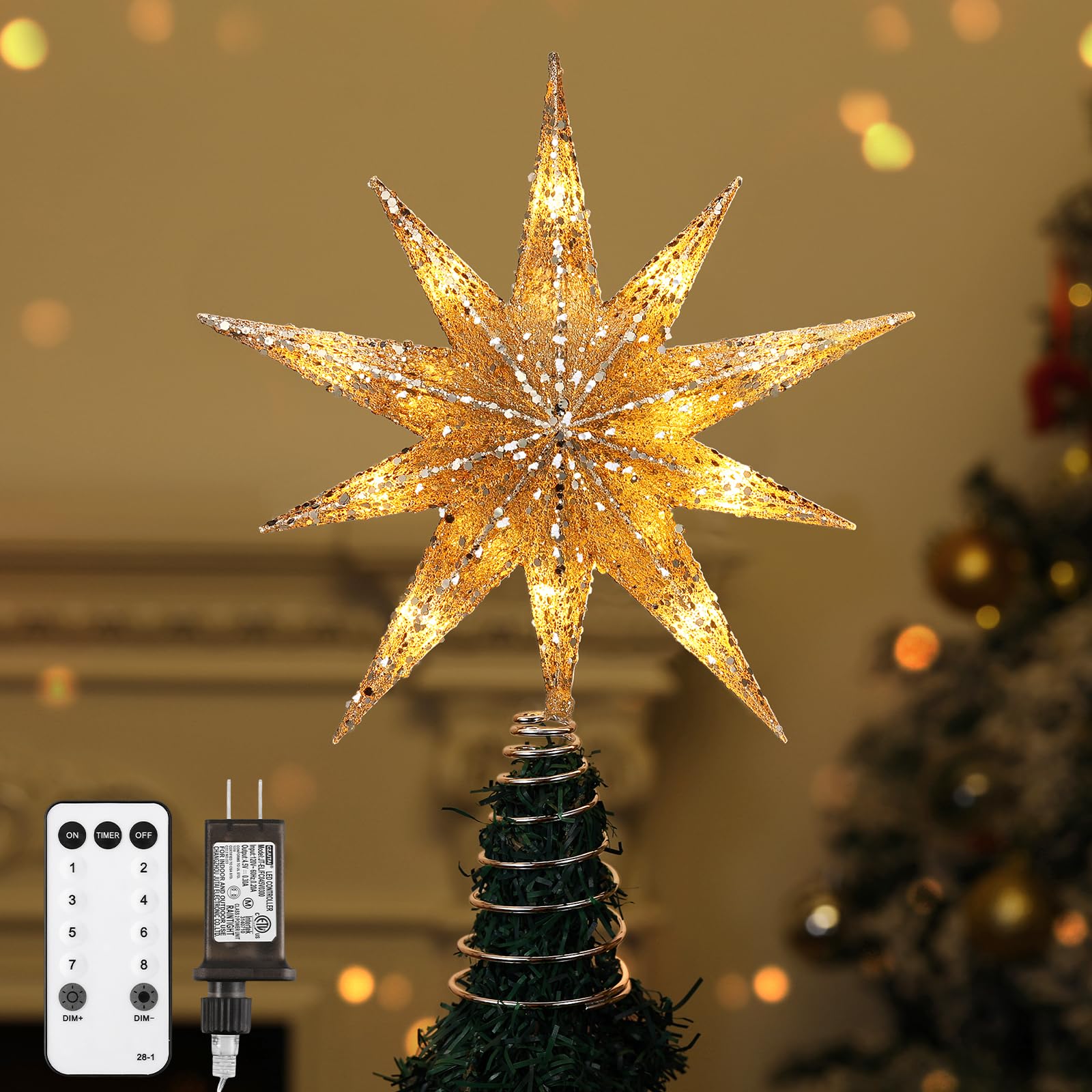 Lewondr Christmas Tree Topper Star, 13inch Xmas Tree Topper with LED Light Beads, Remote & USB Operated 10-Point Star Treetop fo