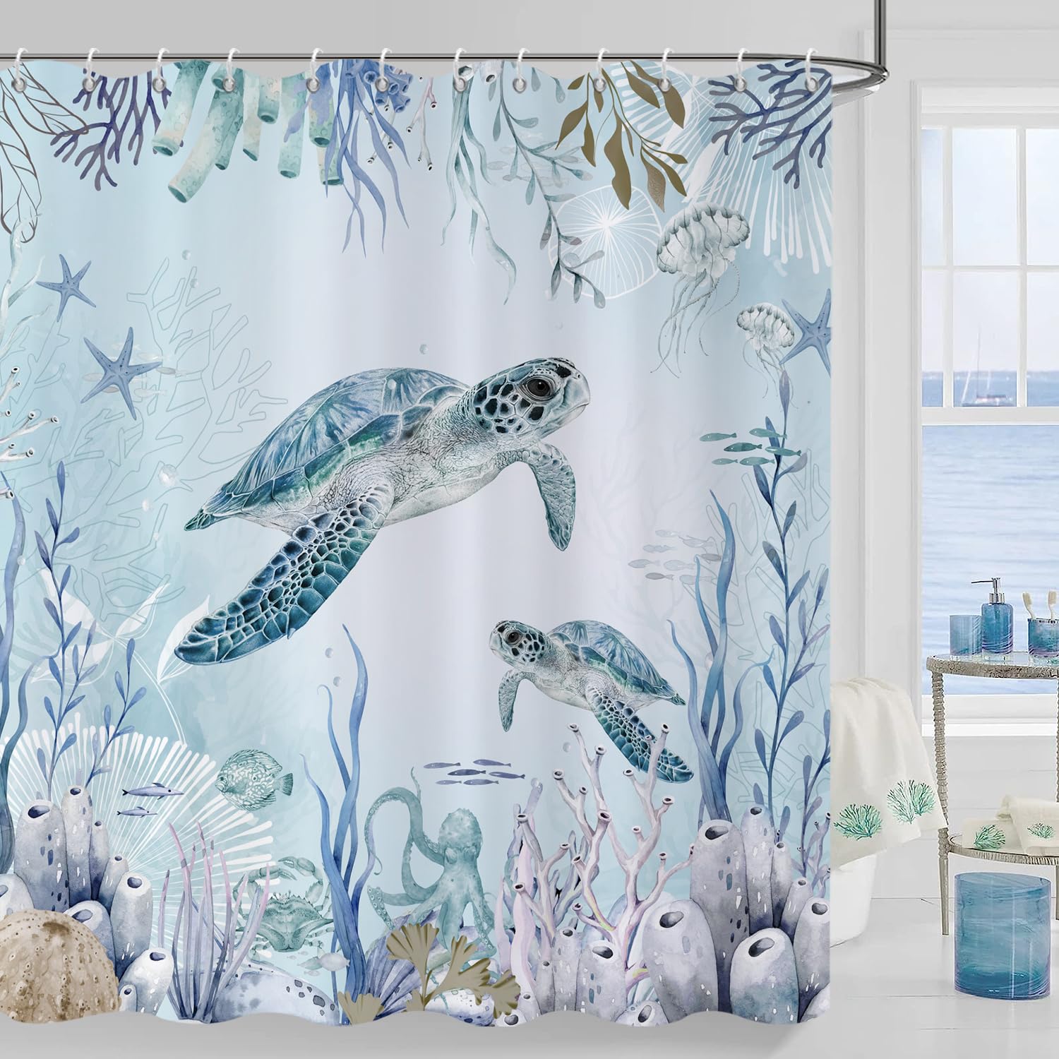 Caheansi Sea Turtle Shower Curtain, Teal Blue Ocean Beach Coastal Turtle Starfish Jellyfish Underwater Creatures Bathroom Curtai