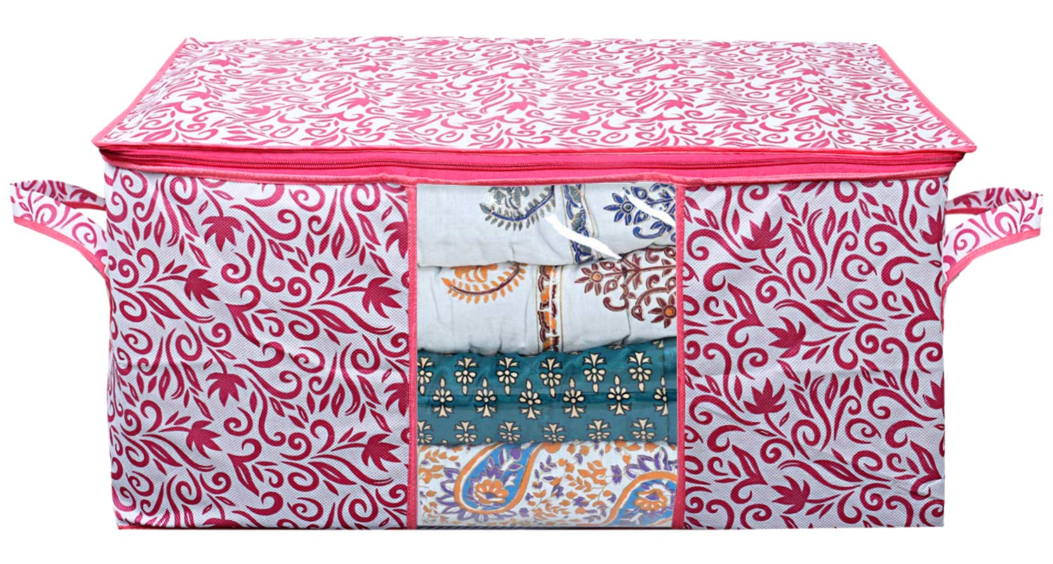 Kuber Industries Leaf Design Non Woven Underbed Storage Bag, Storage Organiser, Blanket Cover (Pink)Ctktc021199