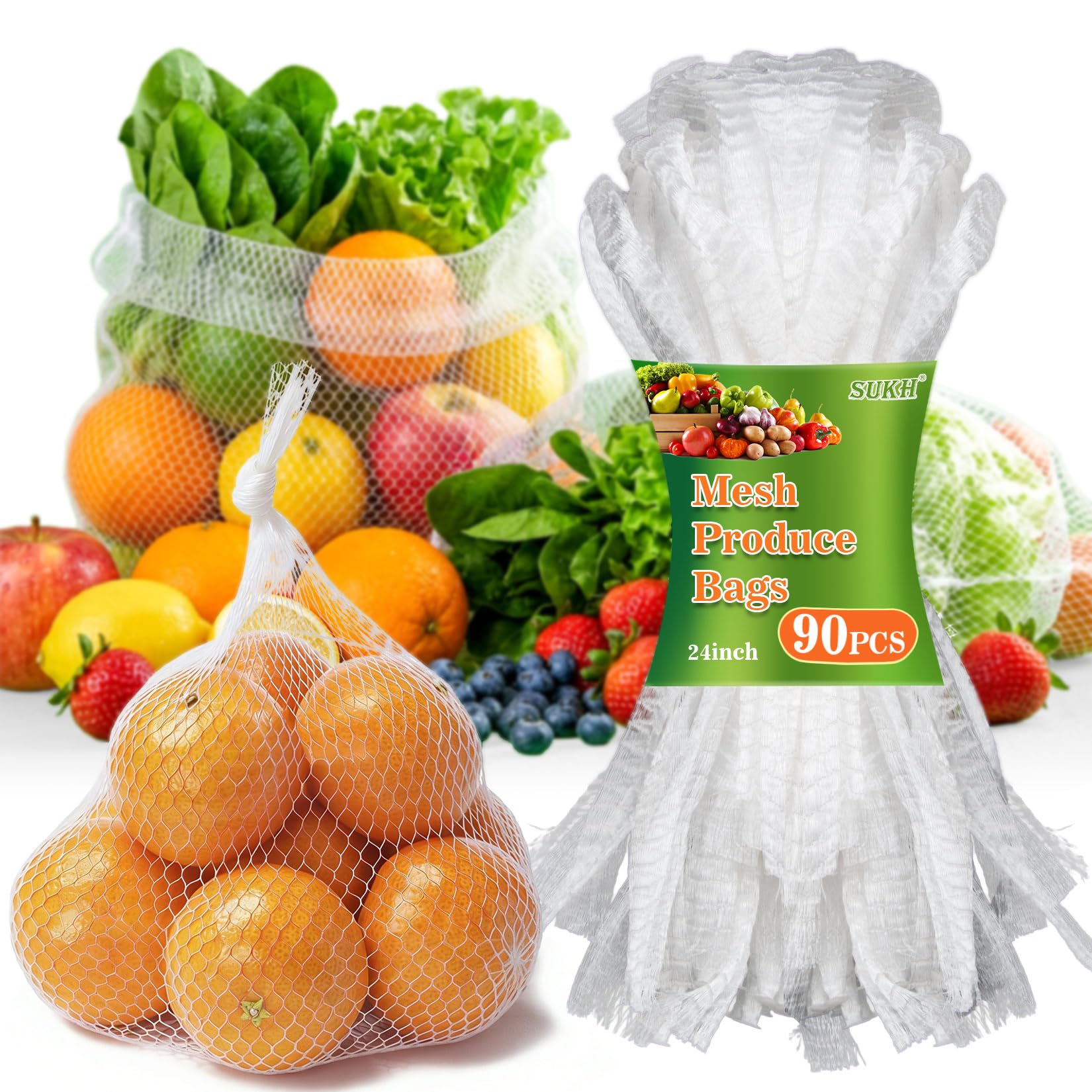 Sukh 90Pcs Mesh Produce Bags - 24 inch Seafood Boil Bags Reusable,Seafood Bag Mesh for Clam Crab Crawfish,Boiling Bag White Prod
