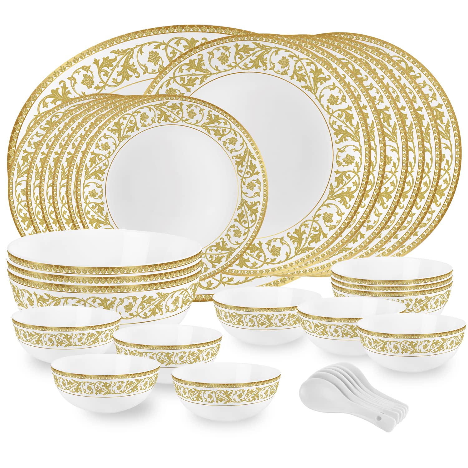 Cello Opalware Divine Series Oro Dinner Set, 33 Units | Opal Glass Dinner Set For 6 | Crockery Set For Festive Ocassions, Partie