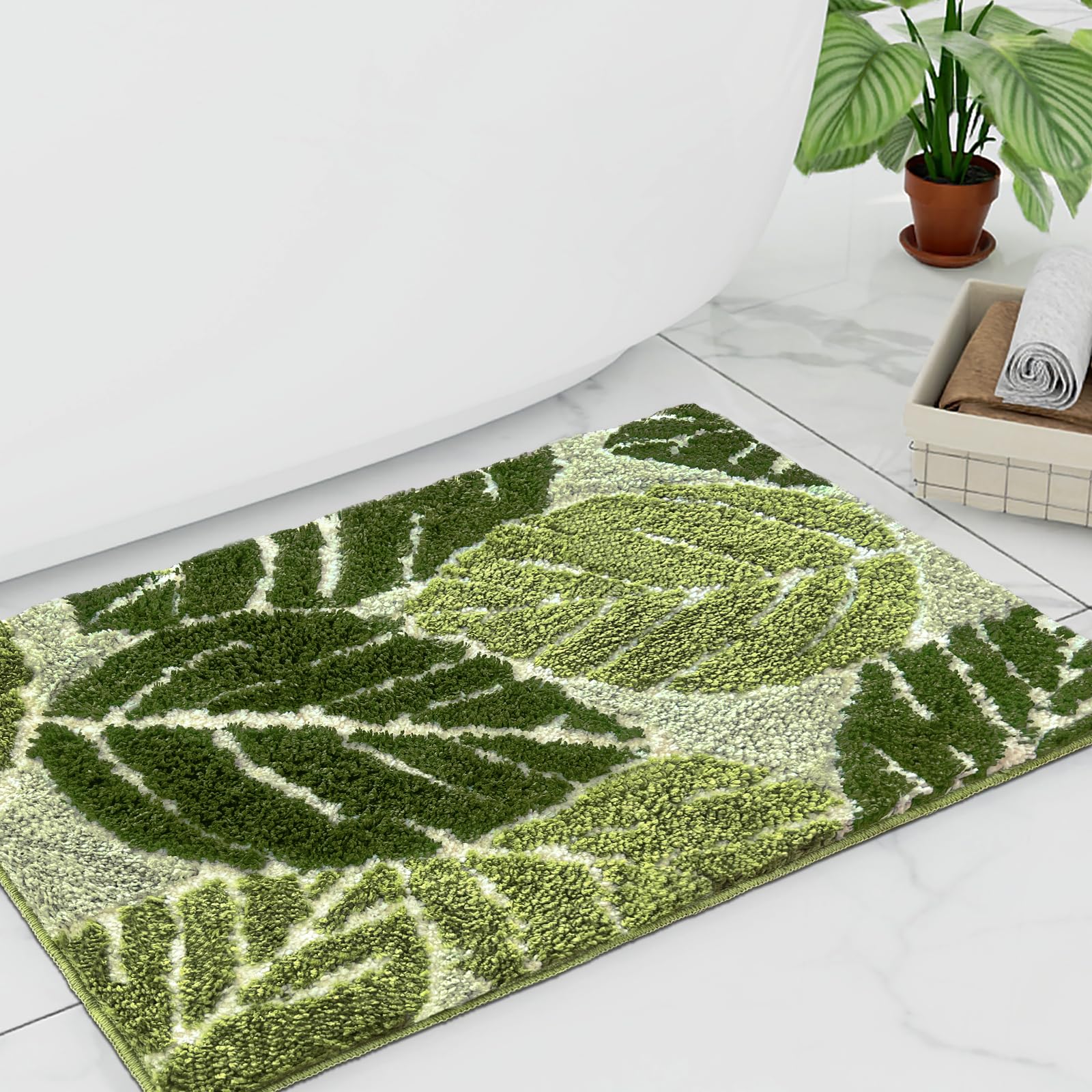 Witzest Sage Green Plant Non Slip Bathroom Rugs Cute Monstera Leaf Absorbent Bath Mat Funny Botanical Floor Bathmat Washable Sma