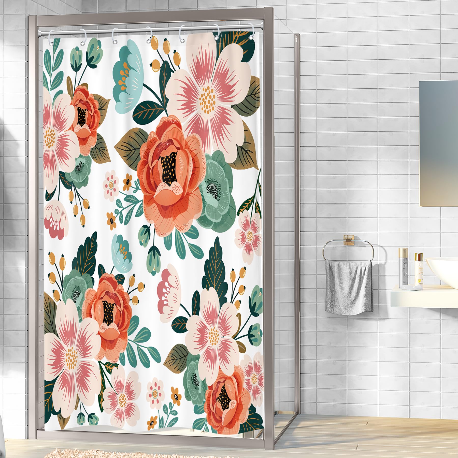 Riyidecor Small Stall Shower Curtain 36Wx72H Inch Half Narrow RV Spring Floral Flower Bathtub Decor Walkin Leaves Green Bathroom Decor Fabric Panel Polyester Waterproof 7 Pack Plastic Hooks WW-YHX9