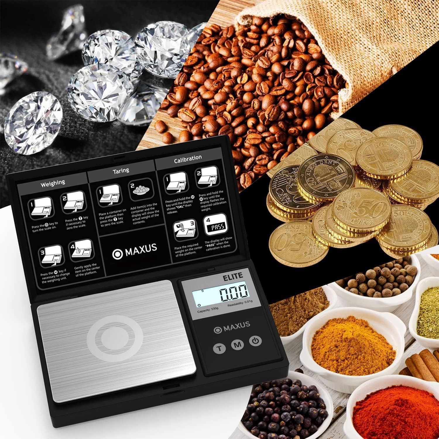 Maxus Digital Pocket Gram Scale 500G X 0.01G High Precision With Tray, Weighs Small Food, Jewelry, Ounces, Grains, Lcd Display,