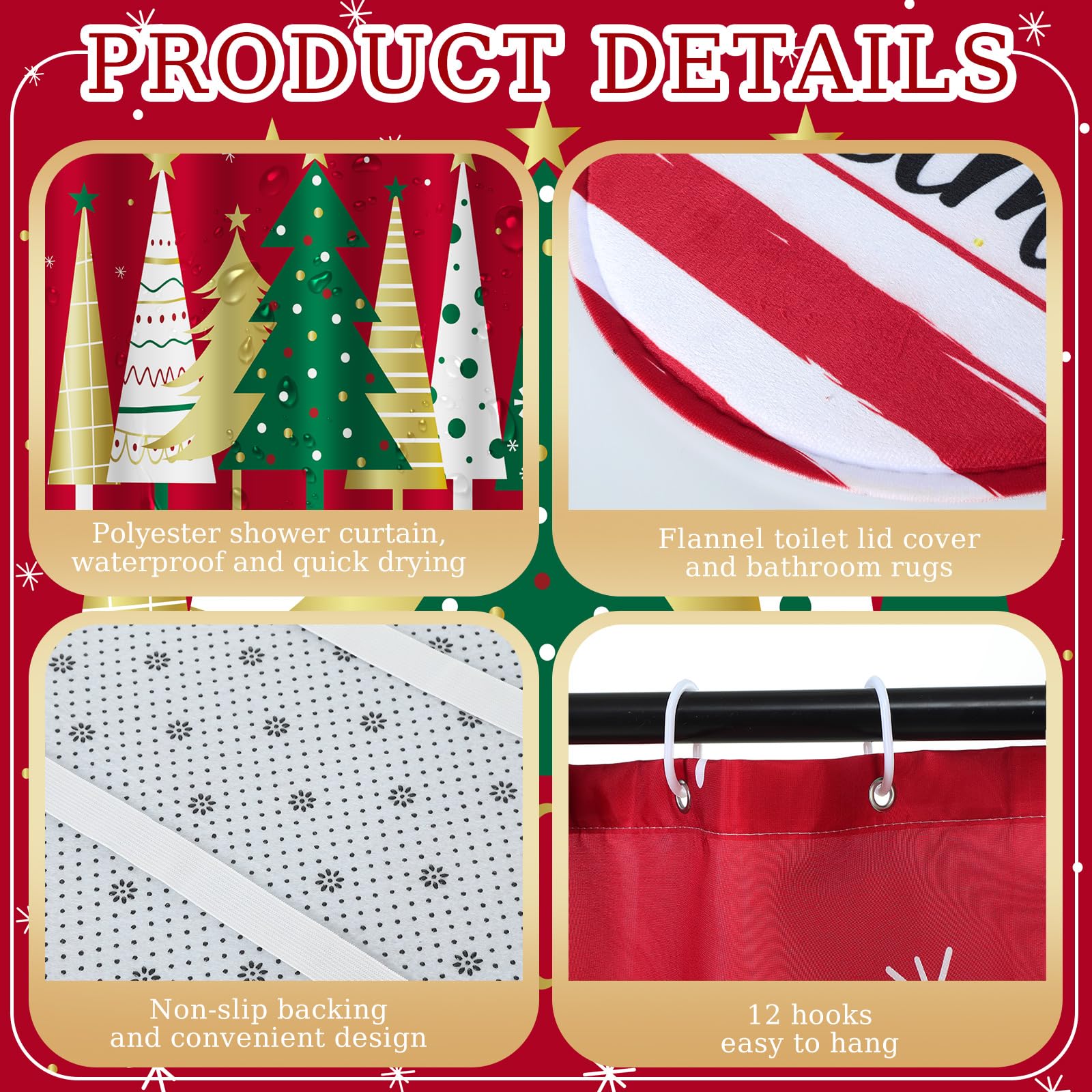 Honoson 8 Pcs Christmas Shower Curtain Set with Rugs and Kitchen Towels Farmhouse Christmas Tree Shower Curtain Bathroom Set for