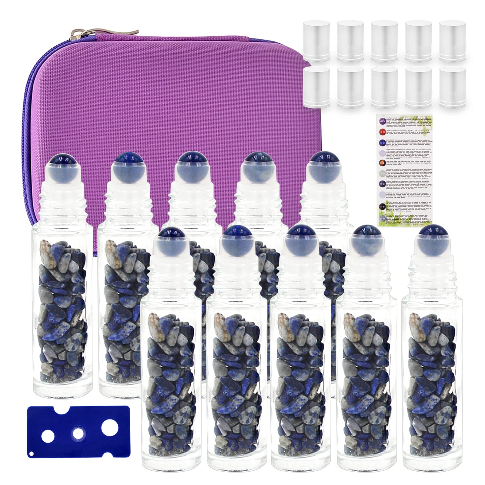 Essential Oil Roller Bottle 10ml w EVA Carrying Travel Case(Clear Glass Bottle with silver Cap?10pack?Gemstone Roller Balls?Heal