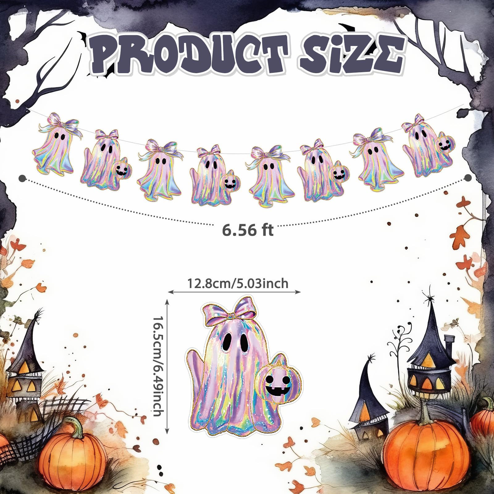 Oudain 2 Pack Halloween Ghost Garland 6.56 ft Iridescent Ghost Decor Laser Cute Boo Holographic Paper Bow Hanging Banner for Hal