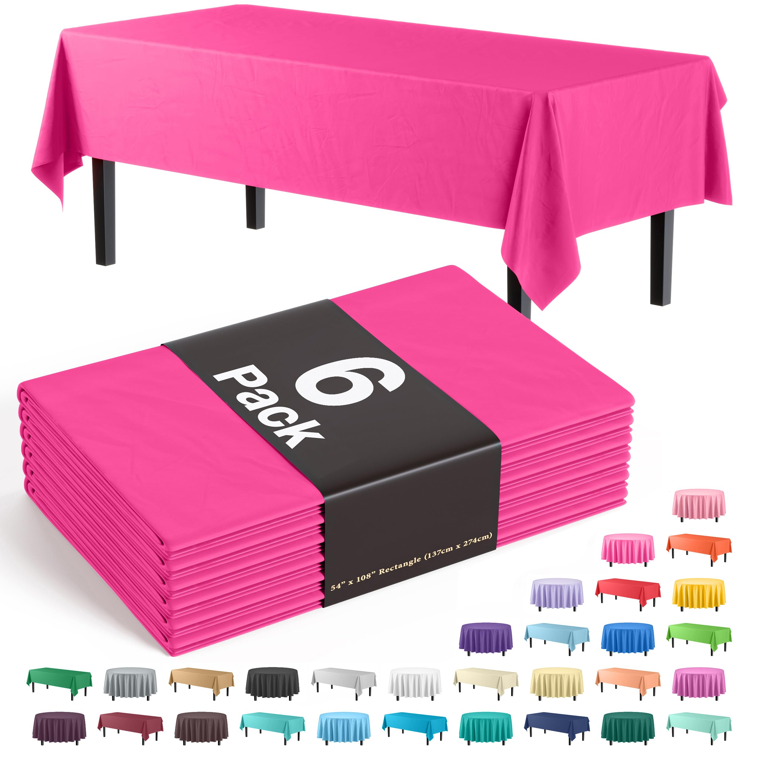 Exquisite 6-Pack Premium Plastic Tablecloth 54In. X 108In. Rectangle Plastic Table Cover - Cerise