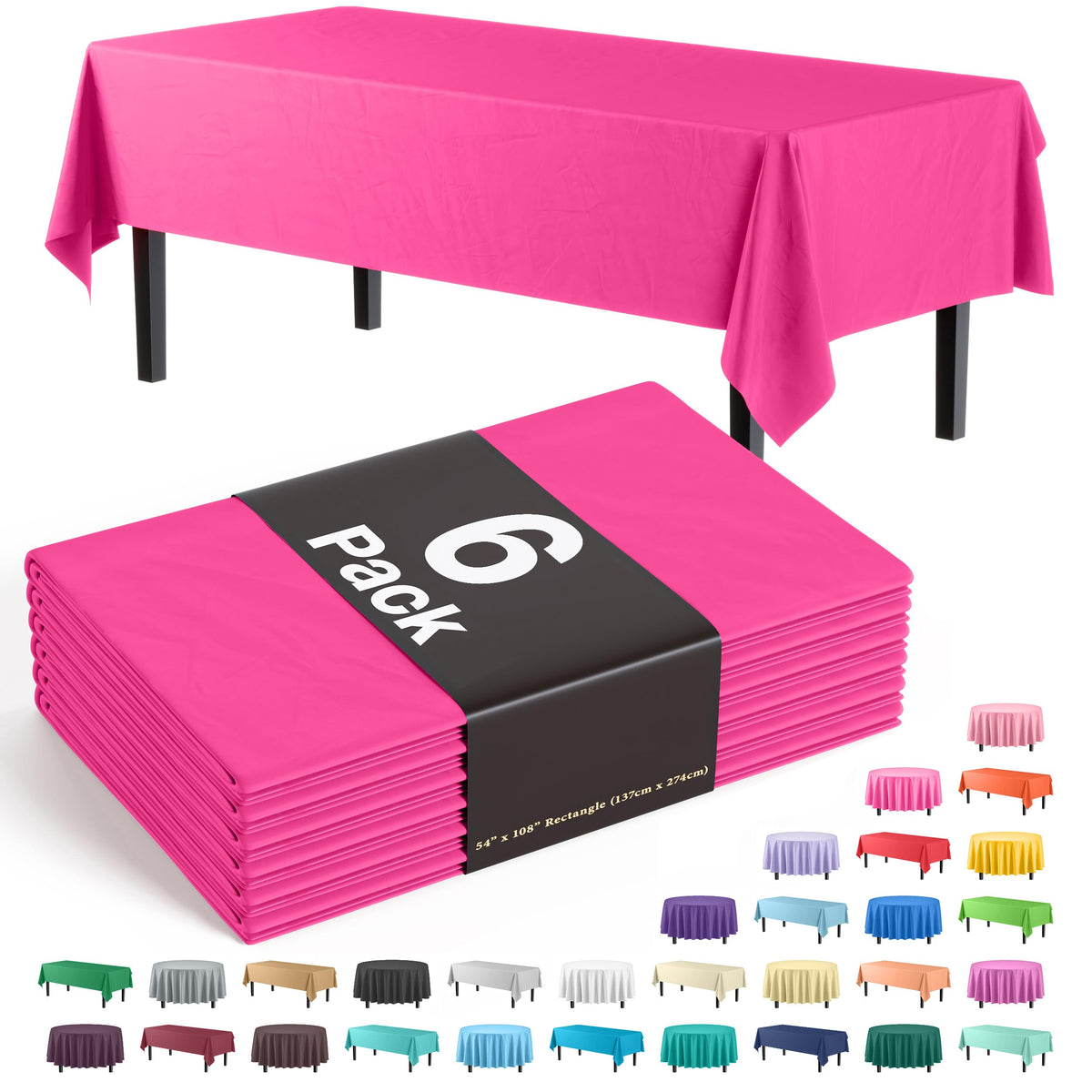 Exquisite 6-Pack Premium Plastic Tablecloth 54In. X 108In. Rectangle Plastic Table Cover - Cerise