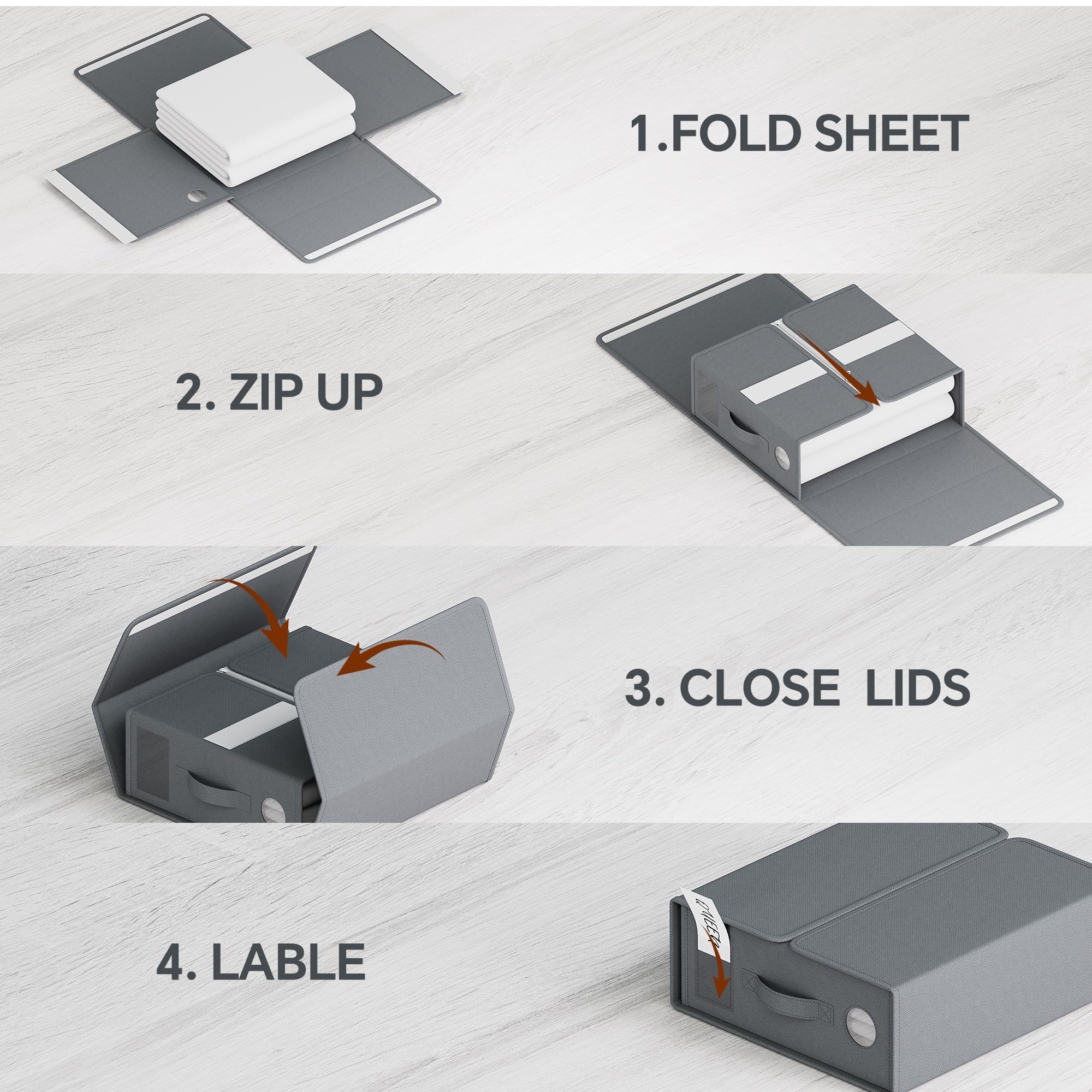 TRZZ Sheet Organizers and Storage, 6-Pack, Queen/King Size (Grey), Foldable Sheet Set Organizer, Fabric Storage Bins for Bed She