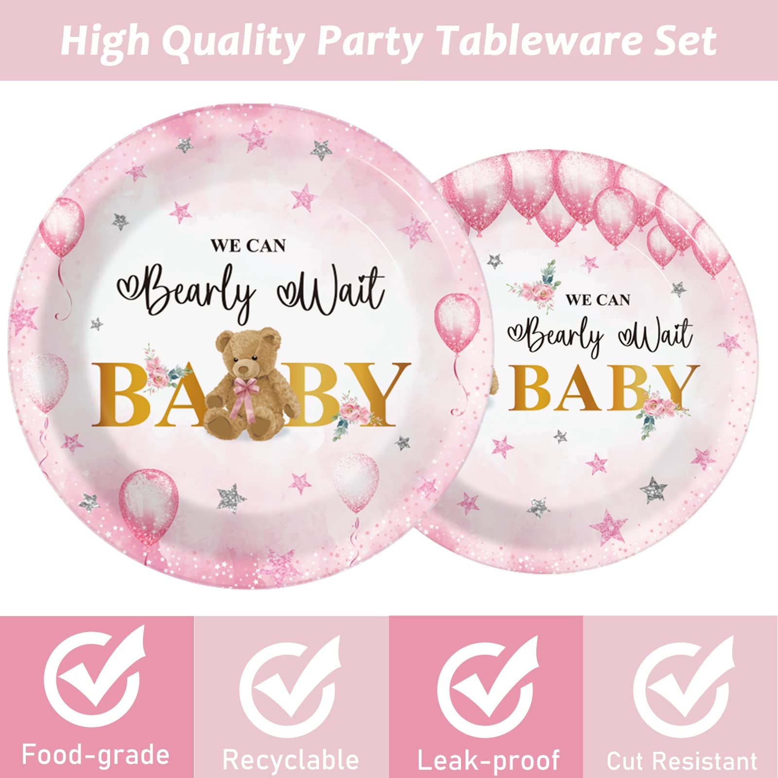 96 Pieces Bear Baby Shower Decorations Balloon Stars Tableware Set Pink We Can Bearly Wait Baby Dessert Plates Bear Flower Party