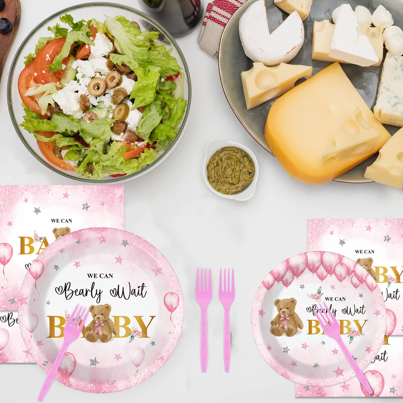 96 Pieces Bear Baby Shower Decorations Balloon Stars Tableware Set Pink We Can Bearly Wait Baby Dessert Plates Bear Flower Party