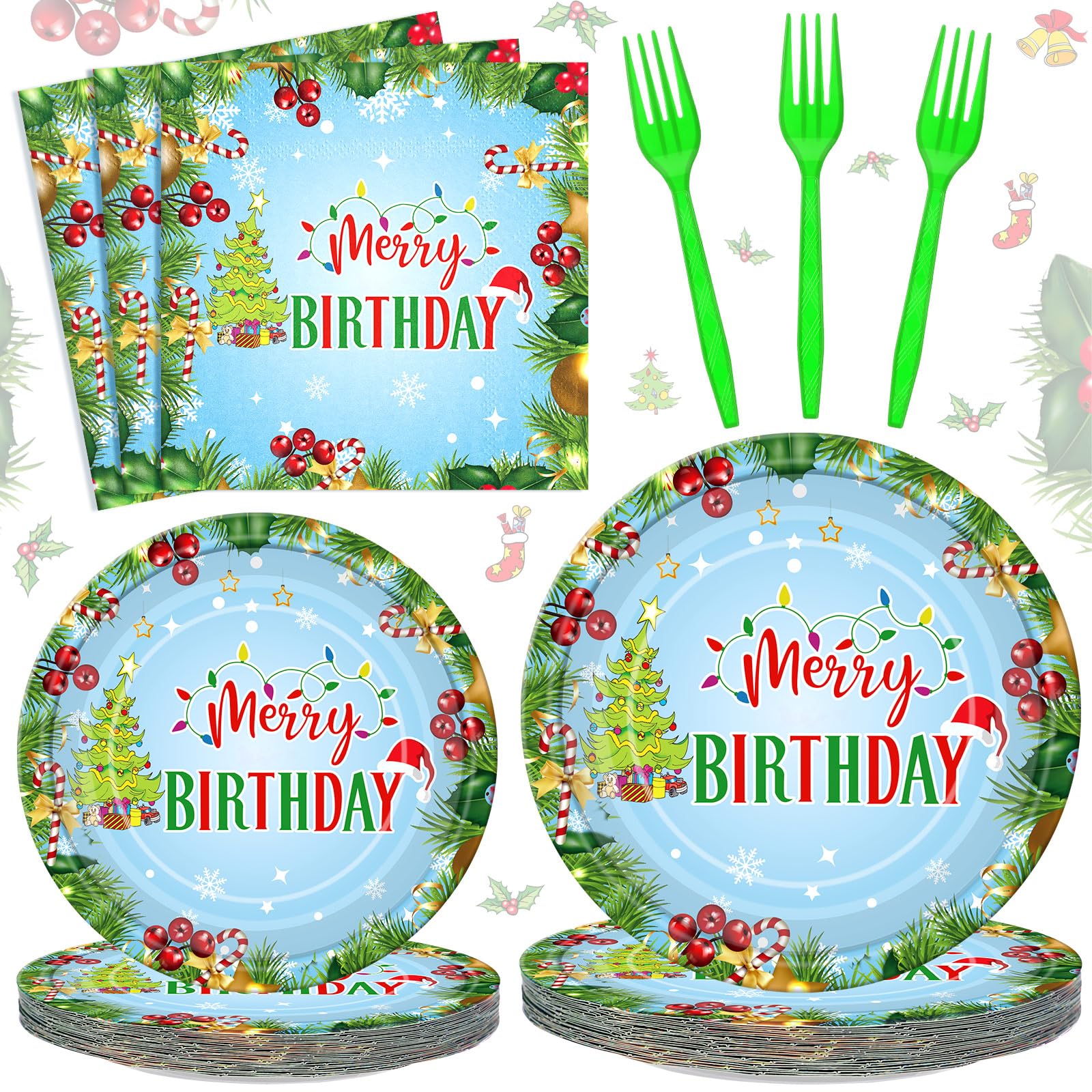 Havawish 96 Pcs Christmas Merry Birthday Decorations Set Birthday Paper Plates and Napkins Forks Disposable Christmas Tableware 