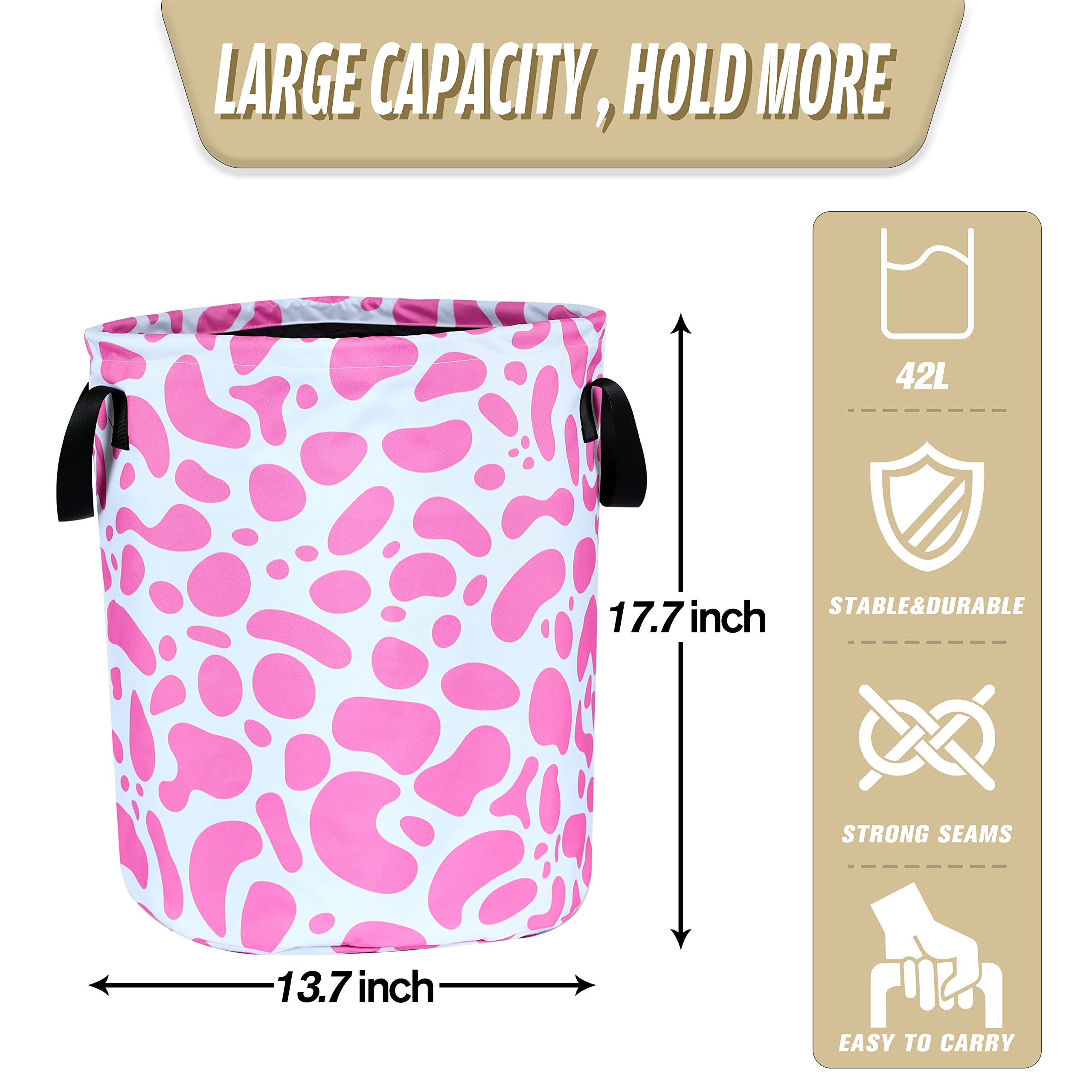 Pink Cow Print Laundry Basket Animal Foldable Waterproof Oxford Cloth Funny Tote Bag Laundry Hamper Clothes Storage Bucket Toy O