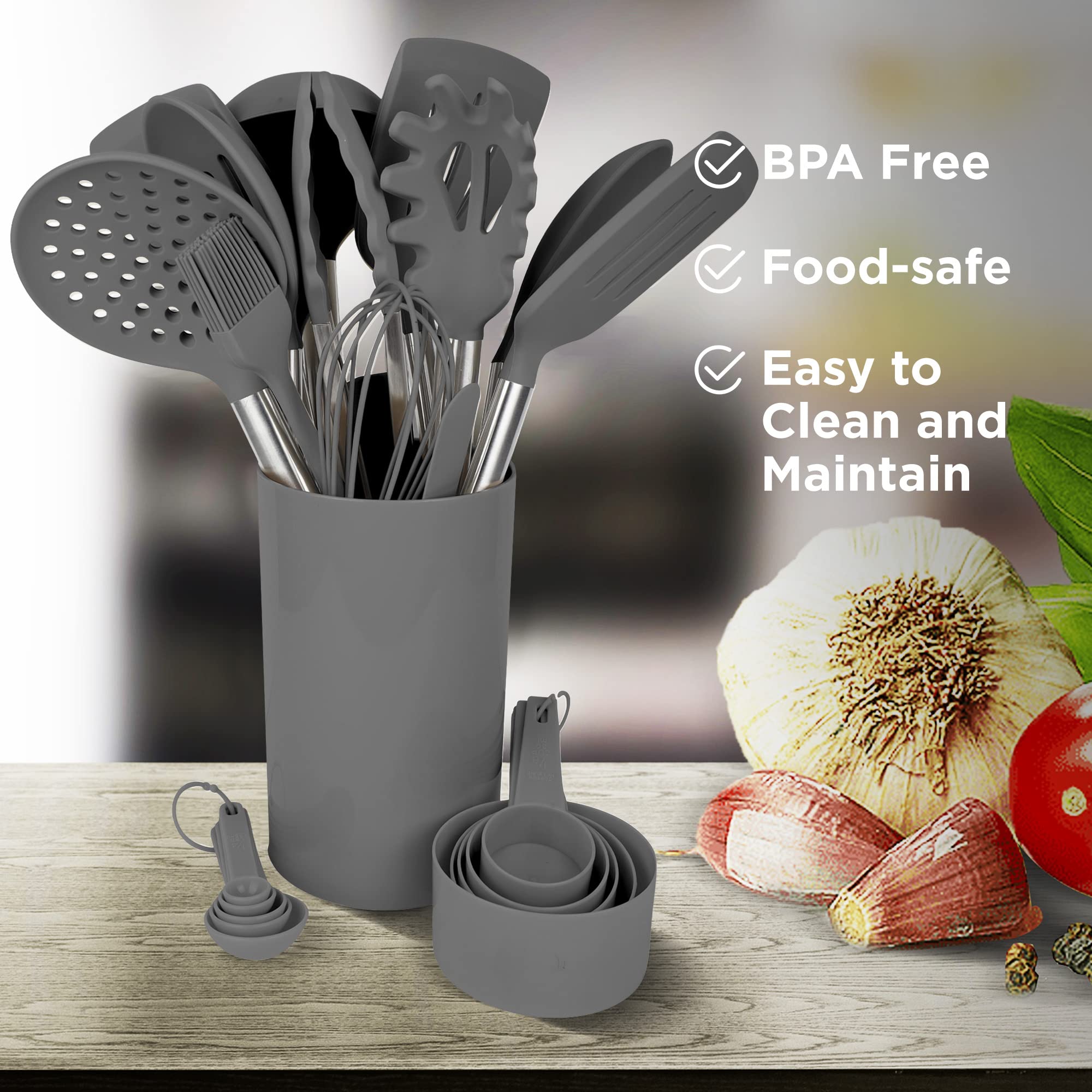Culinary Couture 24-Piece Grey Stainless Steel & Silicone Cooking Utensil Set  Heat-Resistant Cooking Utensils  Non-Scratching Kitchen Cooking Utensils  Includes a Bonus Recipe E-Book