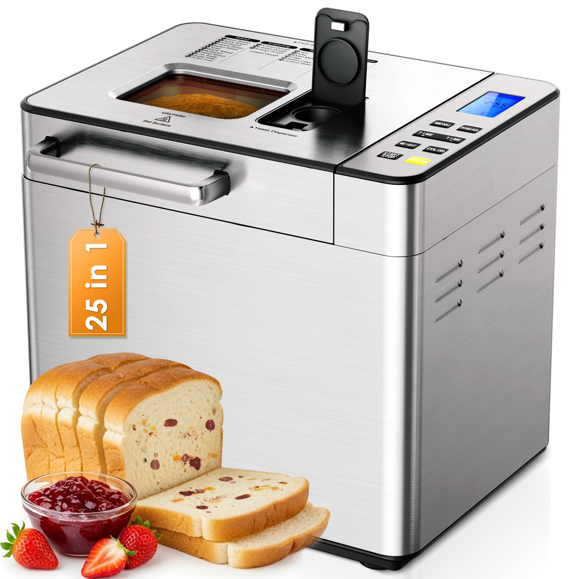 EUHOMY 25-in-1 Bread Maker Machine 2LB Breadmaker, Bread Machines with Nut Dispenser and Yeast Dispenser, 3 Loaf Sizes 3 Crust C