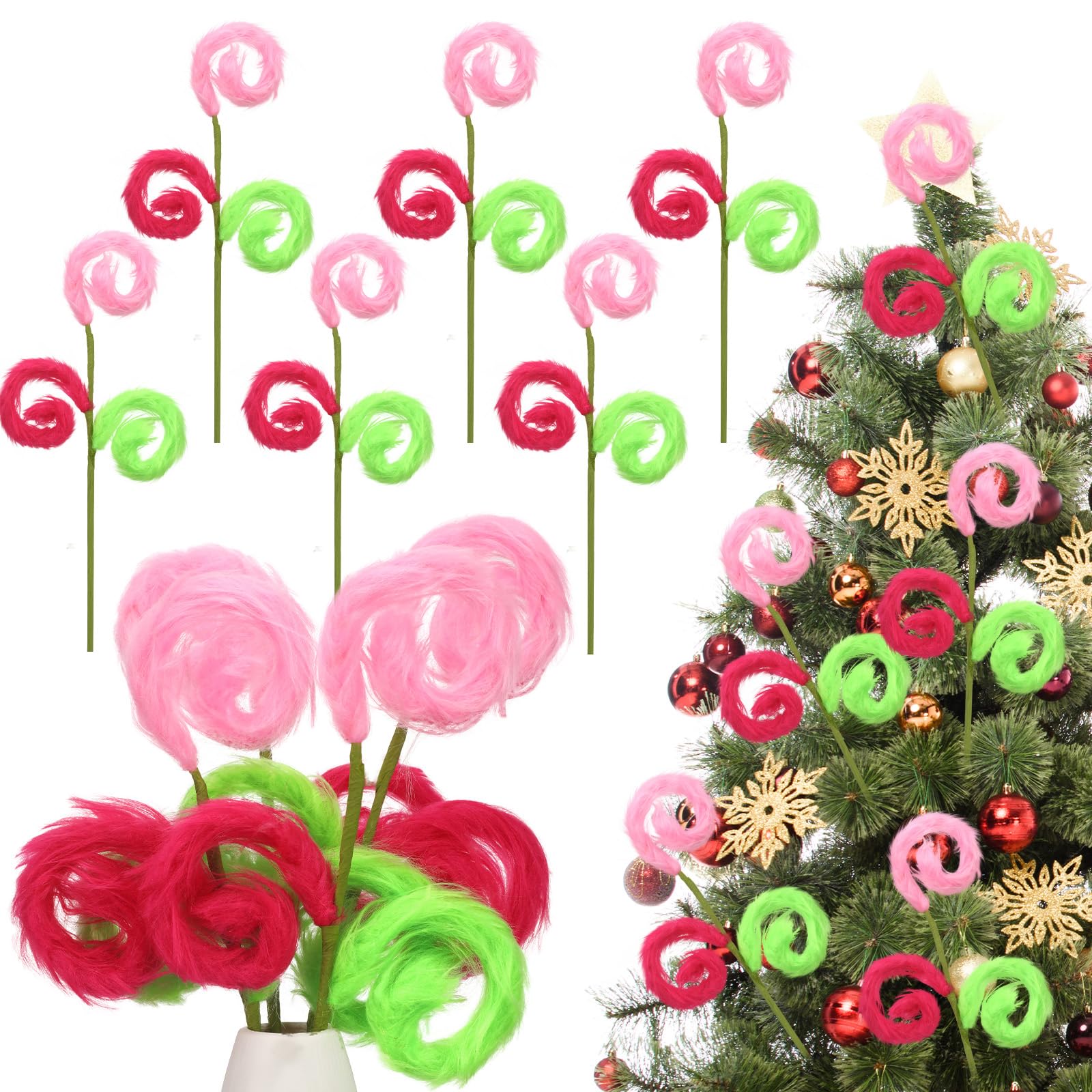 XunYee 6 Pcs Christmas Tree Picks 17in Pink and Lime Green Furry Christmas Tree Topper Spiral Curly Picks Pink and Green Furry T